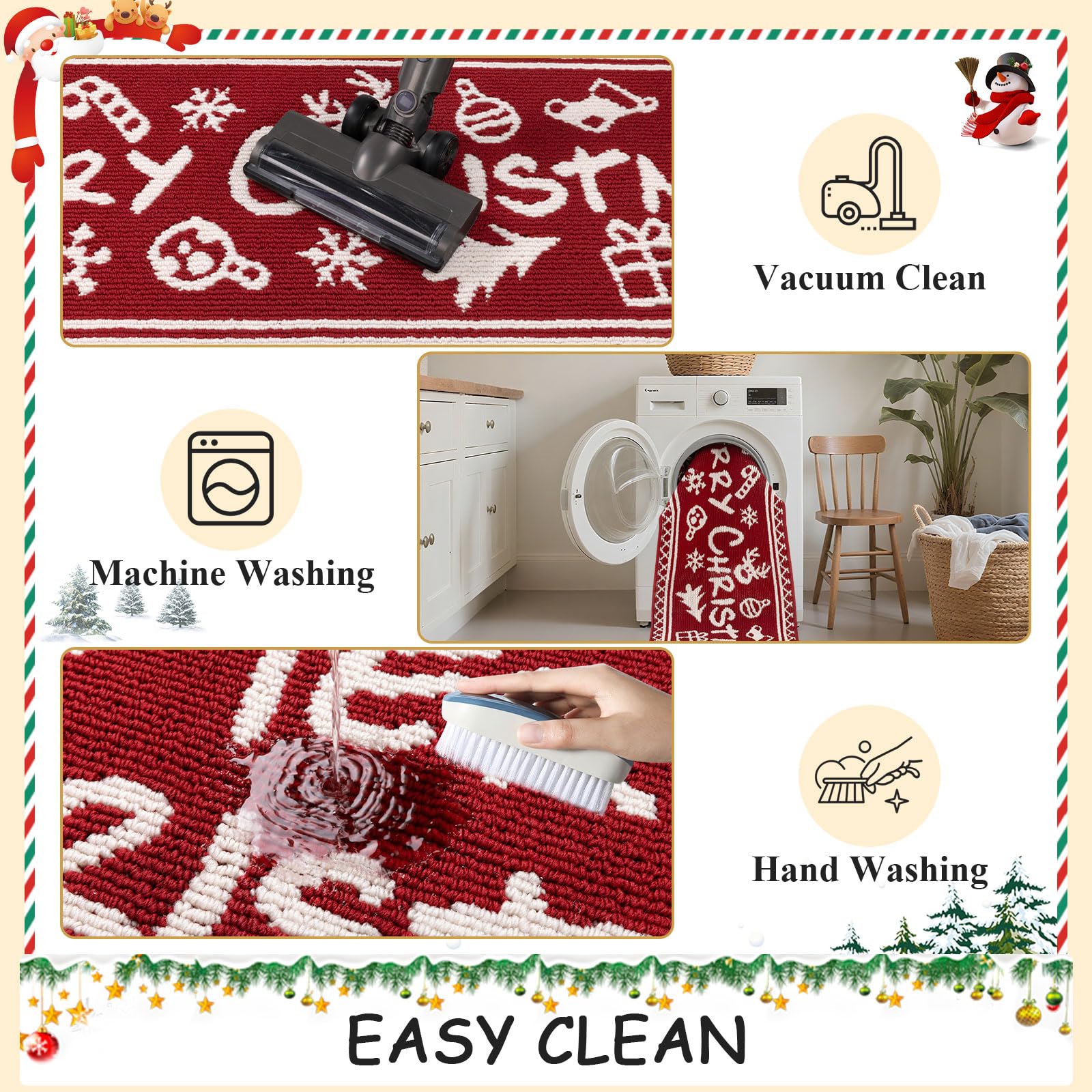 Ileading Christmas Kitchen Rugs Sets of 3 Piece Xmas Kitchen Floor Mat Non Skid Washable Runner Rug for Winter Holiday Decor Far