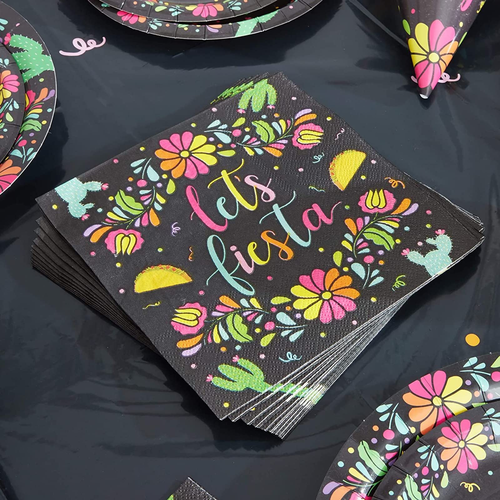 Sparkle And Bash 100 Pack Let'S Fiesta Party Napkins For Kids Birthday, Cinco De Mayo Decorations (Black, 6.5 Inches)