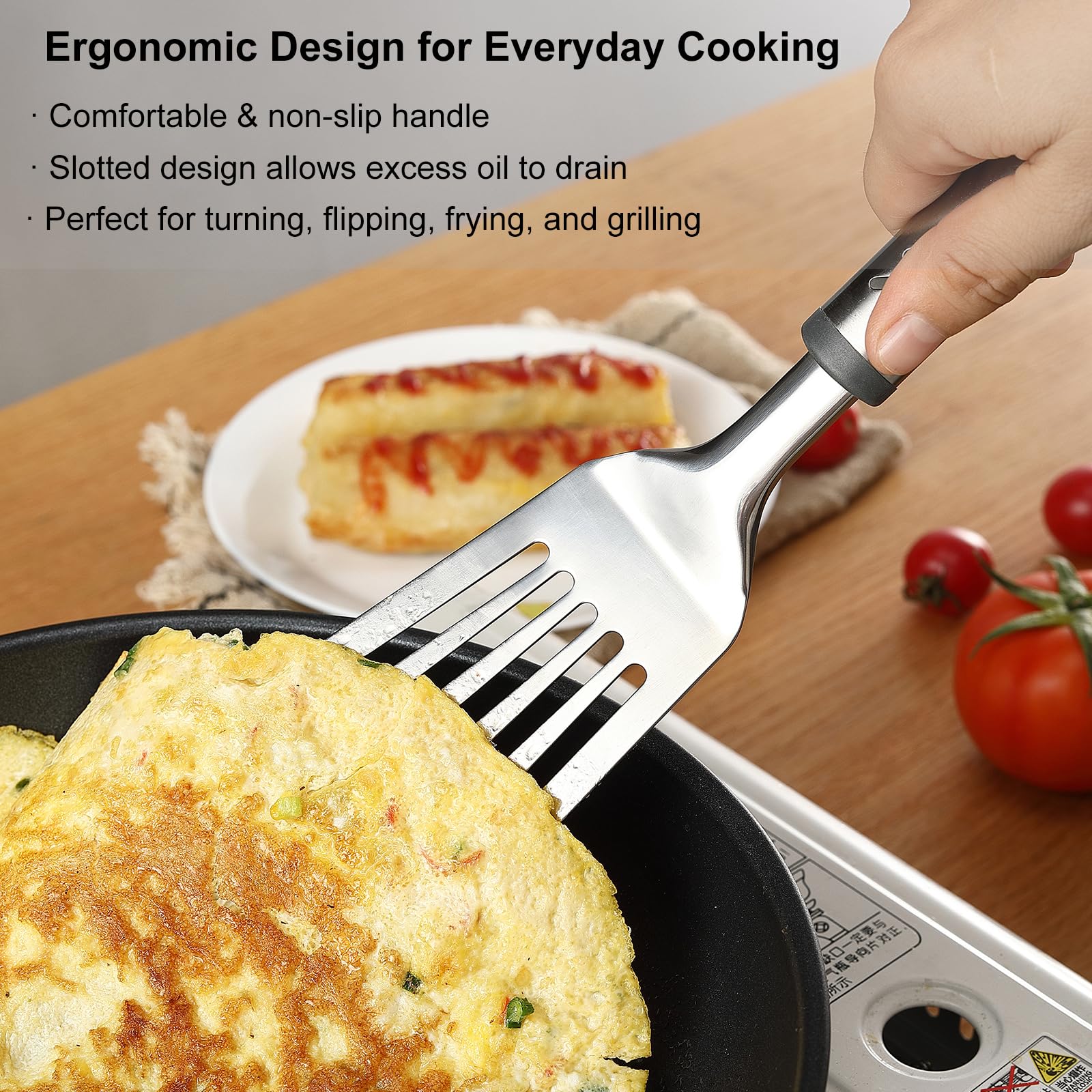 Lebabo Fish Spatula, Stainless Steel Fish Turner Slotted Metal Spatula For Kitchen Use, Flipper Spatula For Cast Iron Skillet, E