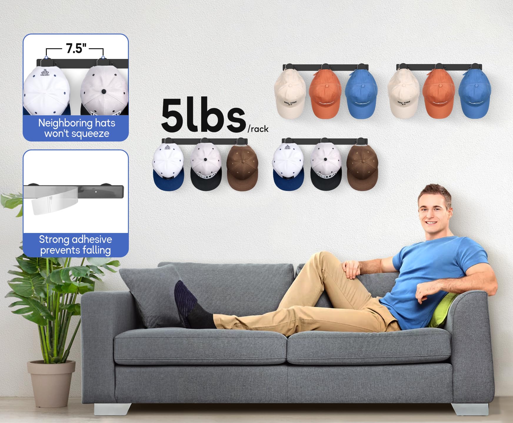 Kimbora 4 Packs Hat Rack For Wall, Hat Organizer For Baseball Caps Holds 36 Hats, 3 Mounting Options Hat Hook Hanger, Strong Bas