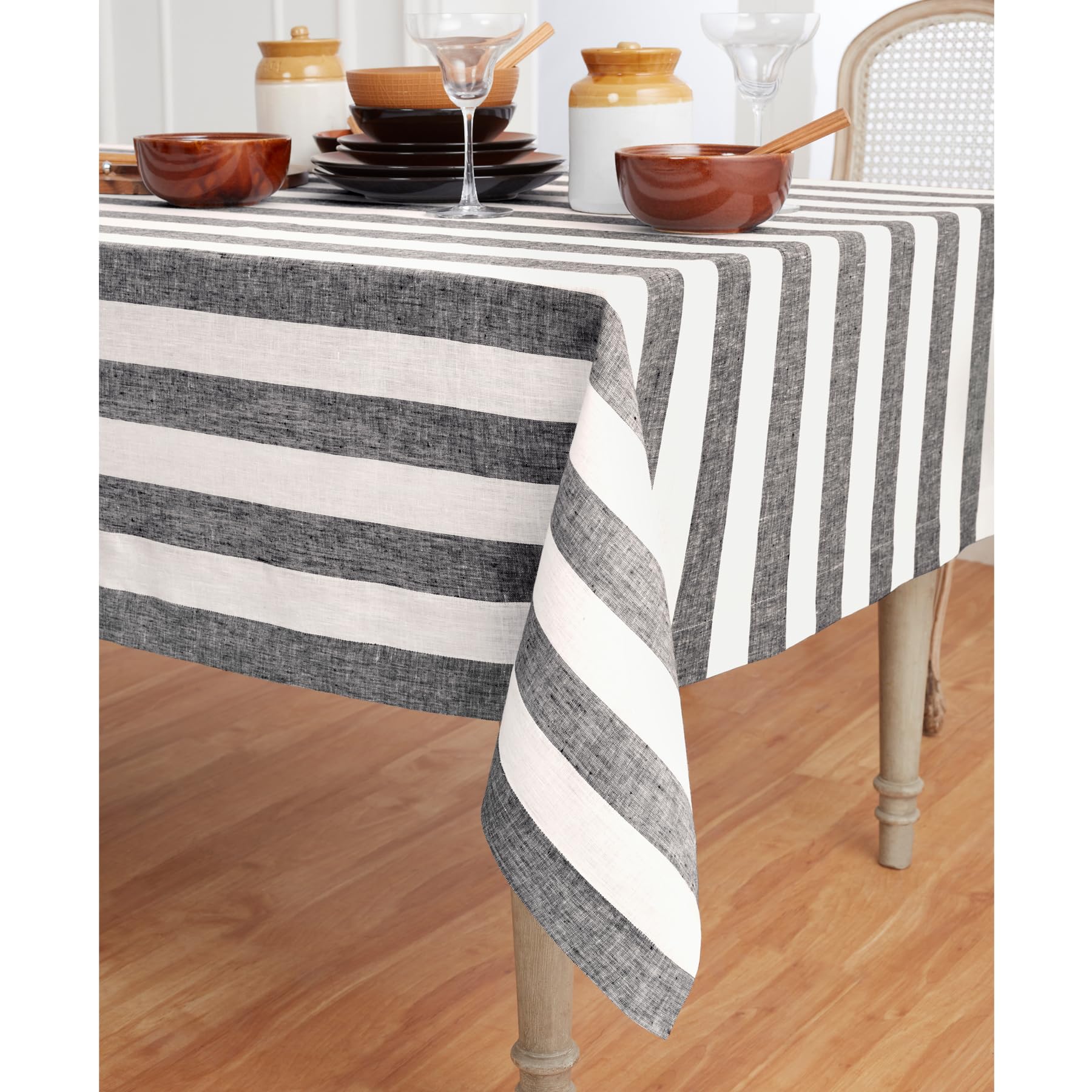 Solino Home Cabana Stripe Linen Tablecloth 108'' L X 60'' W Inch - 100% Pure Linen Black And White Tablecloth For Spring, Easter