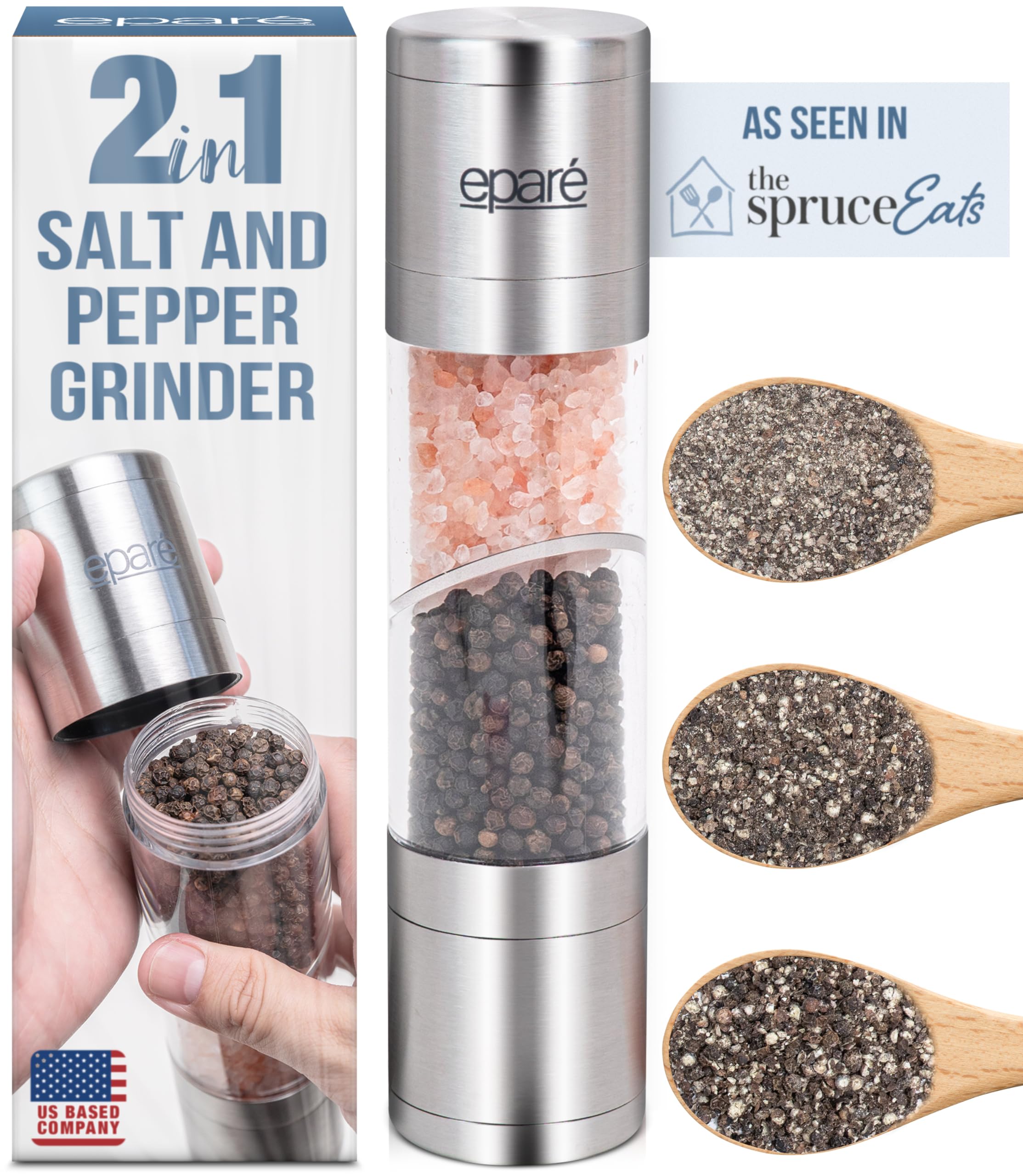 Epar   Dual Salt And Pepper Grinder Combo - 2 In 1 Refillable Peppermill Grinders - Modern Pink Himalayan Salt Grinder - Stainle