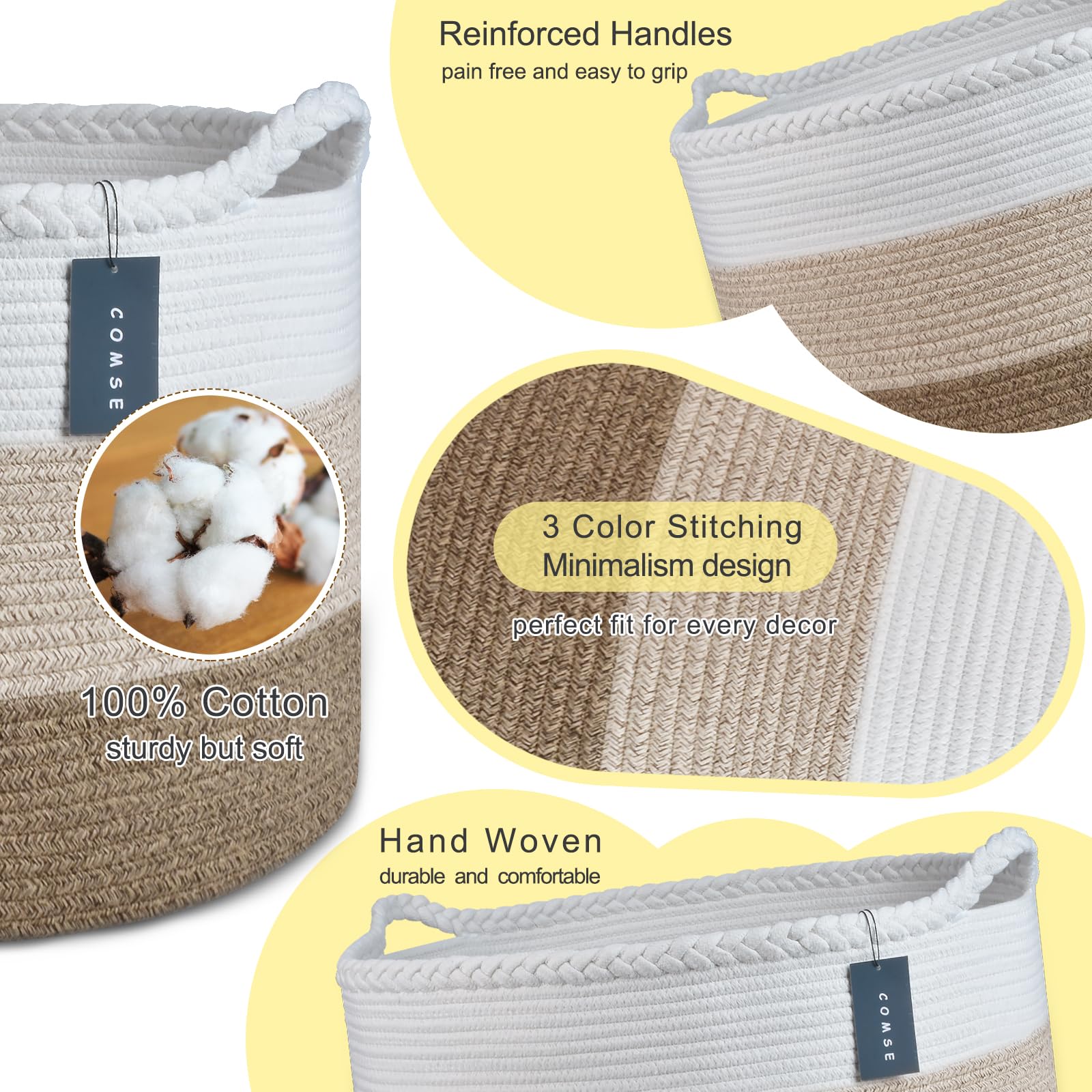 COMSE Extra Large Blanket Basket  Storage Basket  Laundry Basket  21.7?x 13.8?  Laundry Hamper  Cotton Rope Basket  Blanket Basket Living Room  Toy Basket (White & Gradient Brown)