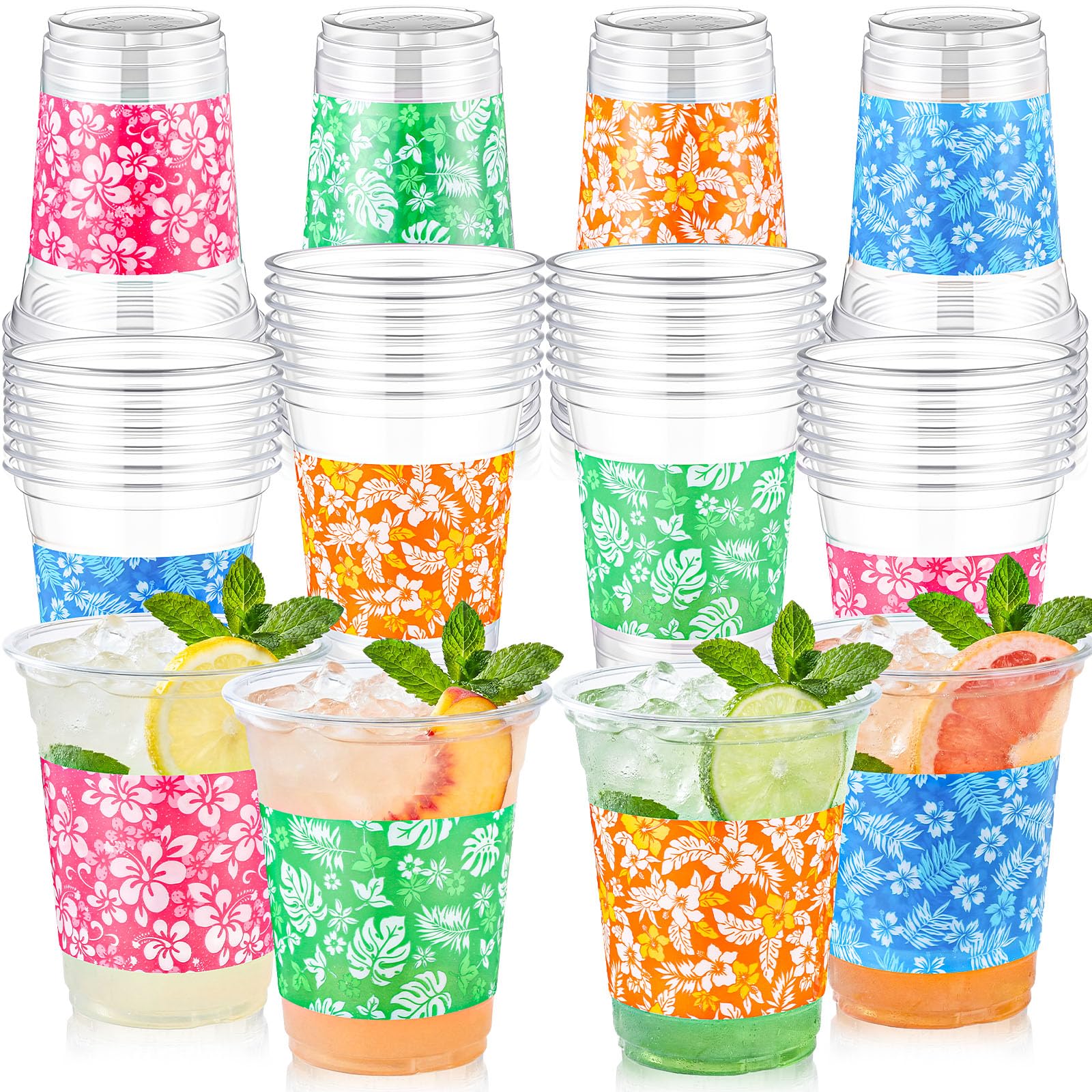 Nuogo 120 Pcs Hawaiian Luau Party Decorations Cups 12 Oz Disposable Tropical Plastic Drinking Cups for Hawaiian Luau Tropical Al