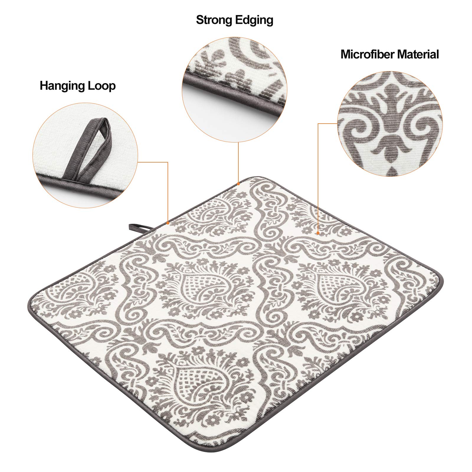 Subekyu Dish Drying Mats For Kitchen, Ultra Absorbent Microfiber Drying Mat, Dishes Drainer Pads 2 Pack, 19 By 15 Inch (Floral V