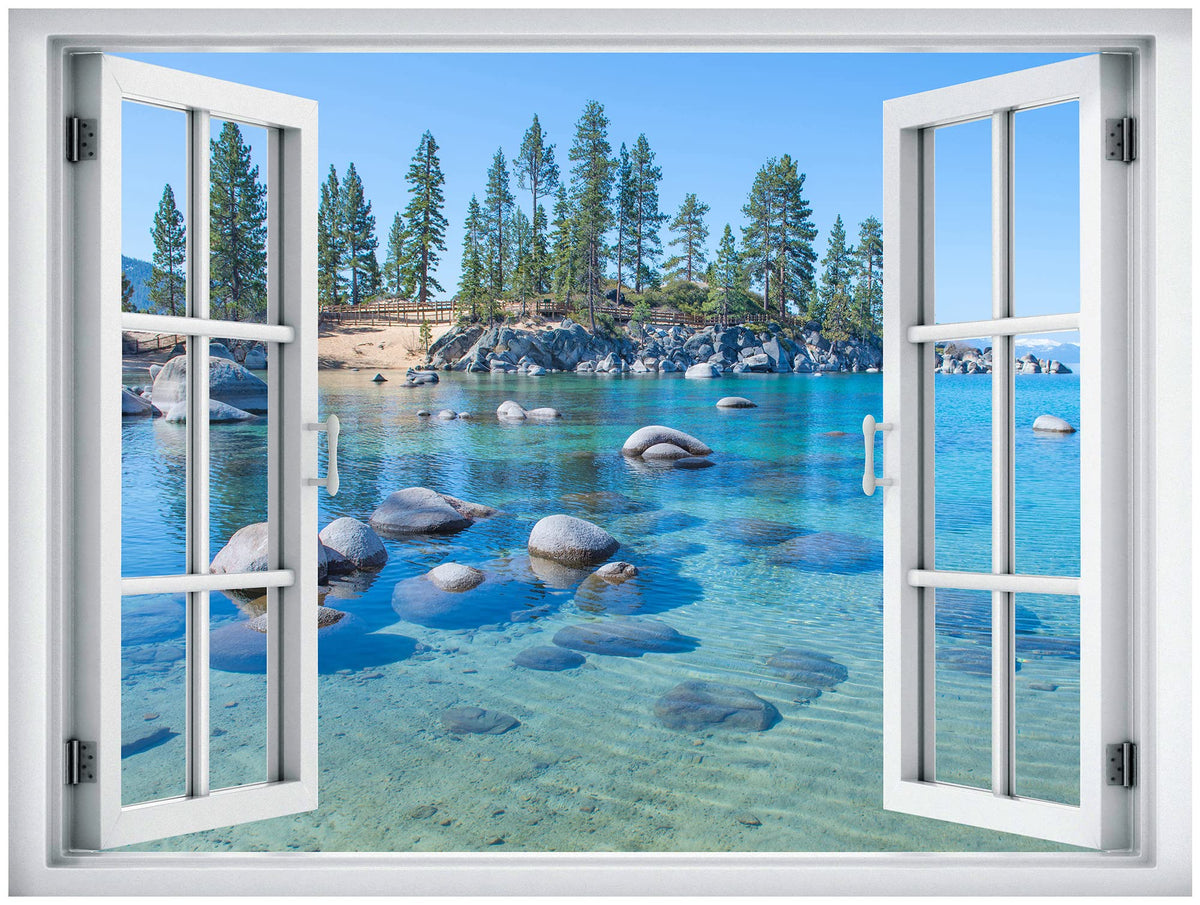 Wall26 Removable Wall Sticker/Wall Mural Window View Vibrant Summer Season Forest Vibrant Lake Nature Wilderness Photography Rea