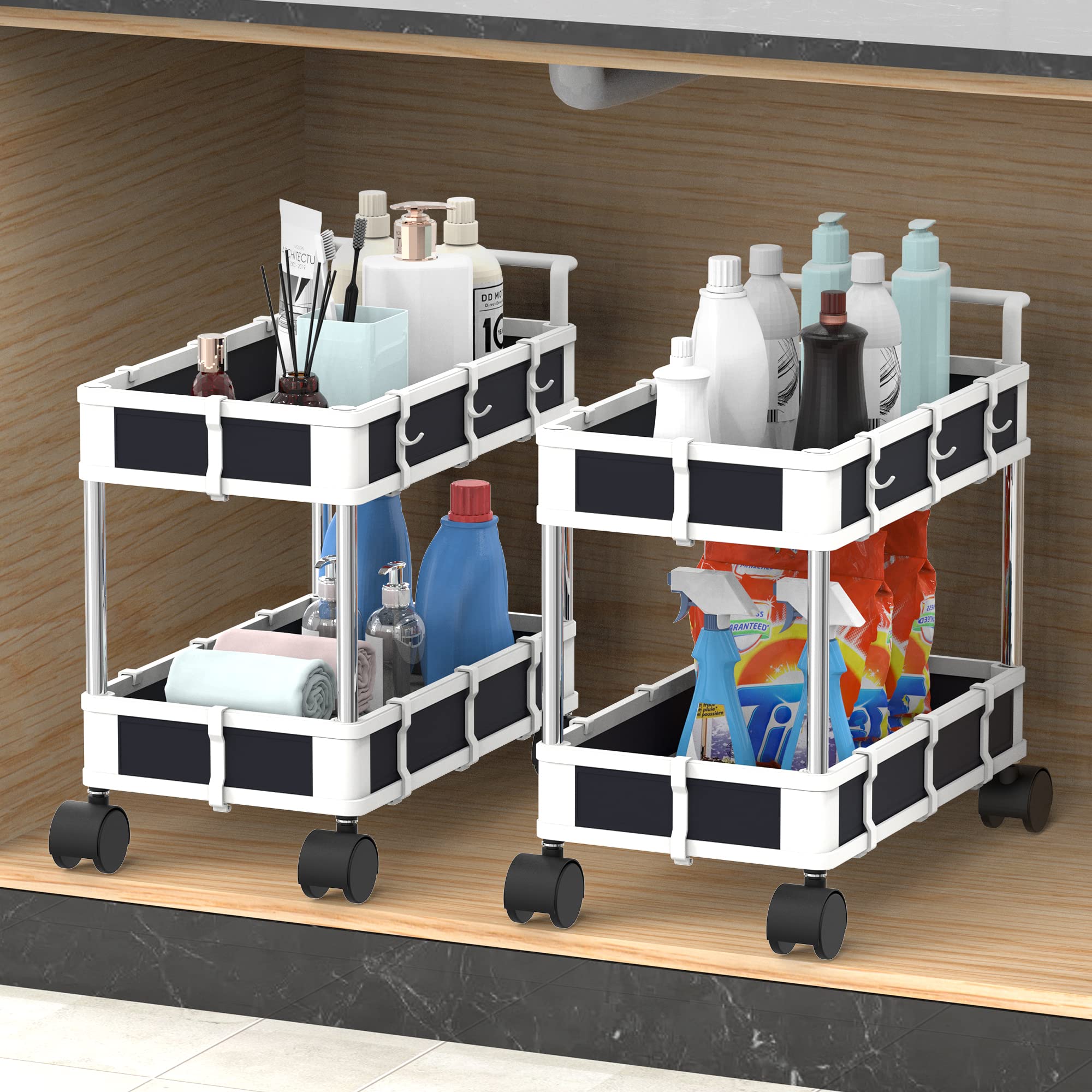Under Sink Organizer And Storage,2Tier Large Capacity Multi-Place Sink Organizer With Wheels, Foldable Under Sink Storage Drawer
