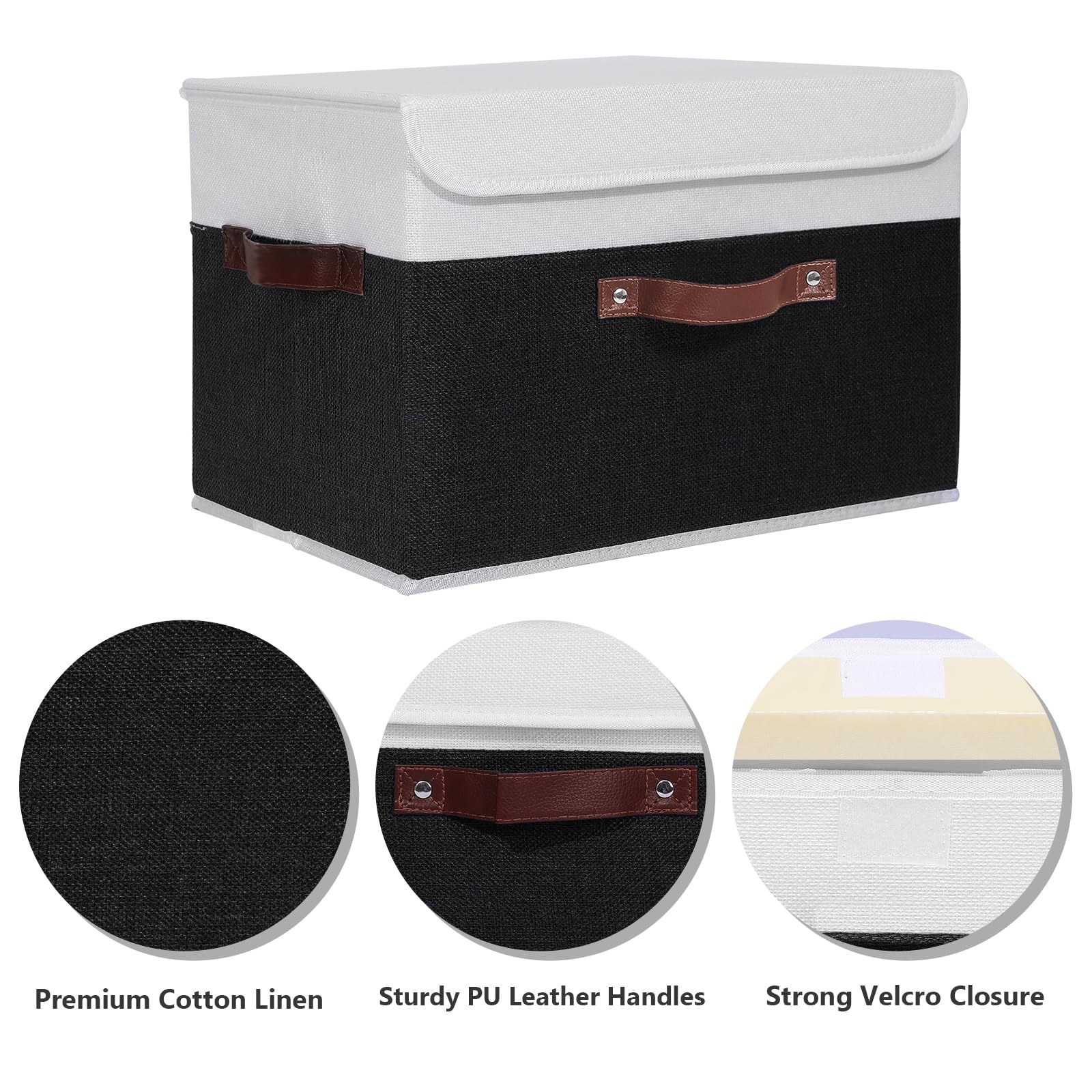 Anminy 2Pcs Storage Boxes With Lid Washable Decorative Storage Bins Basket With Pu Leather Handle Foldable Linen Fabric Storage