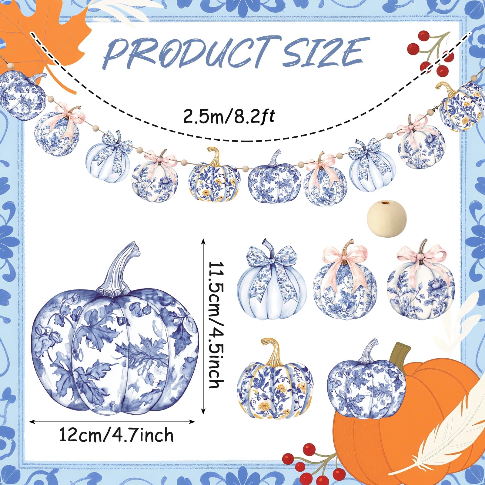 Cinnvoice 8.2 ft Fall Decorations Blue and White Porcelain Pumpkin Garland Wooden Bow Pumpkin Leaves Banner Chinoiserie Fall Ban