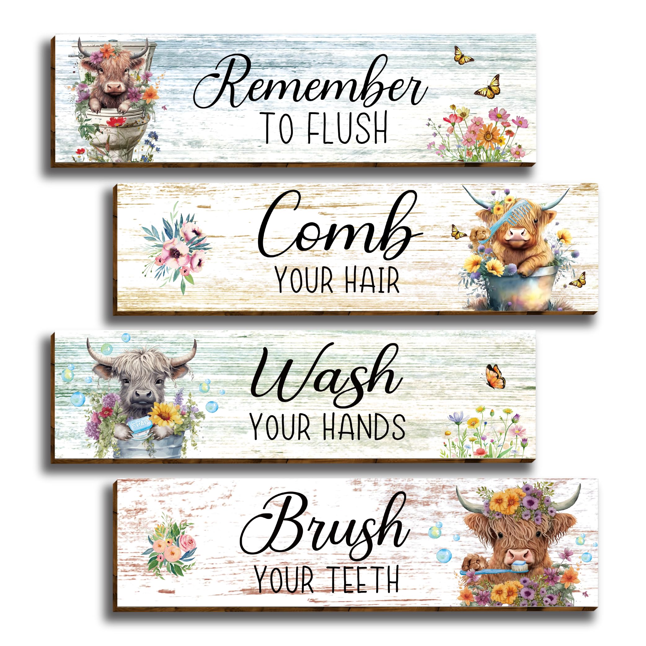 Vagafilla 4-Piece Highland Cow Bathroom Wall Decor - Rustic Wooden Farmhouse Wall Art - Perfect for Bedroom, Bathroom, Living Ro
