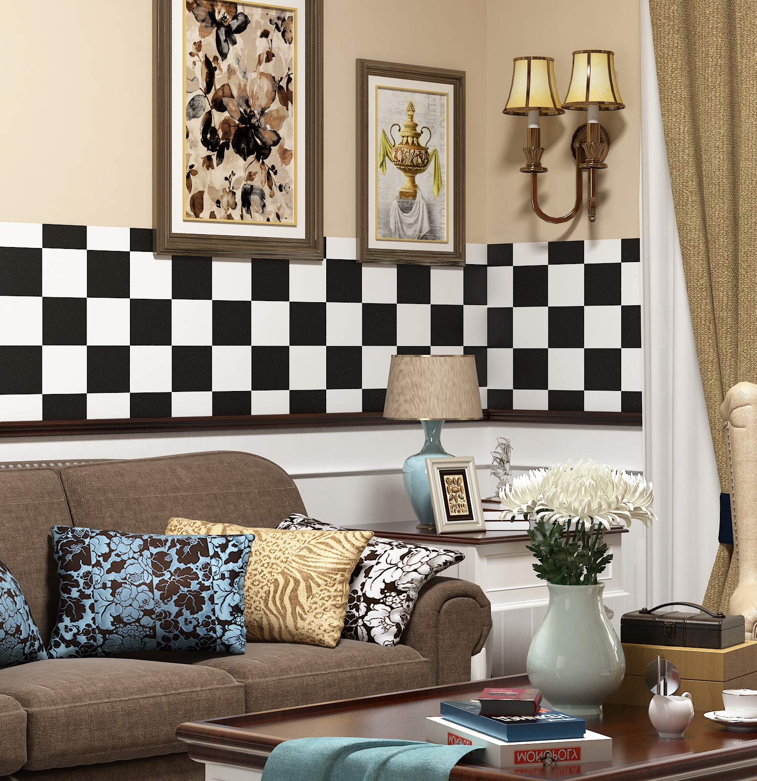 Livelynine 15.8X394 Inch Black and White Contact Paper for Cabinets Bedroom Floor Wallpaper Vinyl Flooring Roll Peel and Stick Tiles for Bathroom Waterproof Kitchen Flooring Tile Stickers Checkered