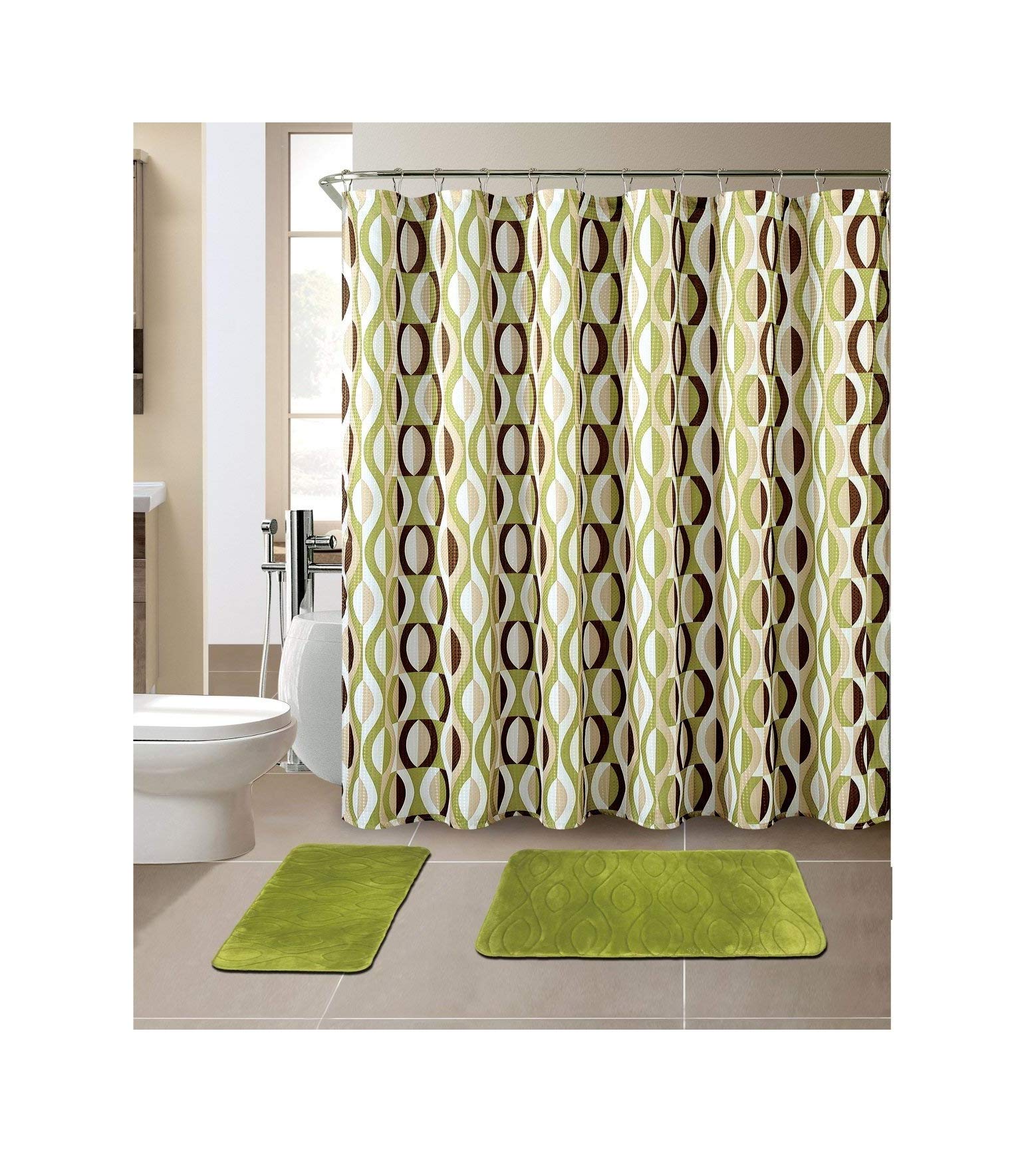 All American Collection 15-Piece Bathroom Set with 2 Memory Foam Bath Mats and Matching Shower Curtain | Designer Patterns and C