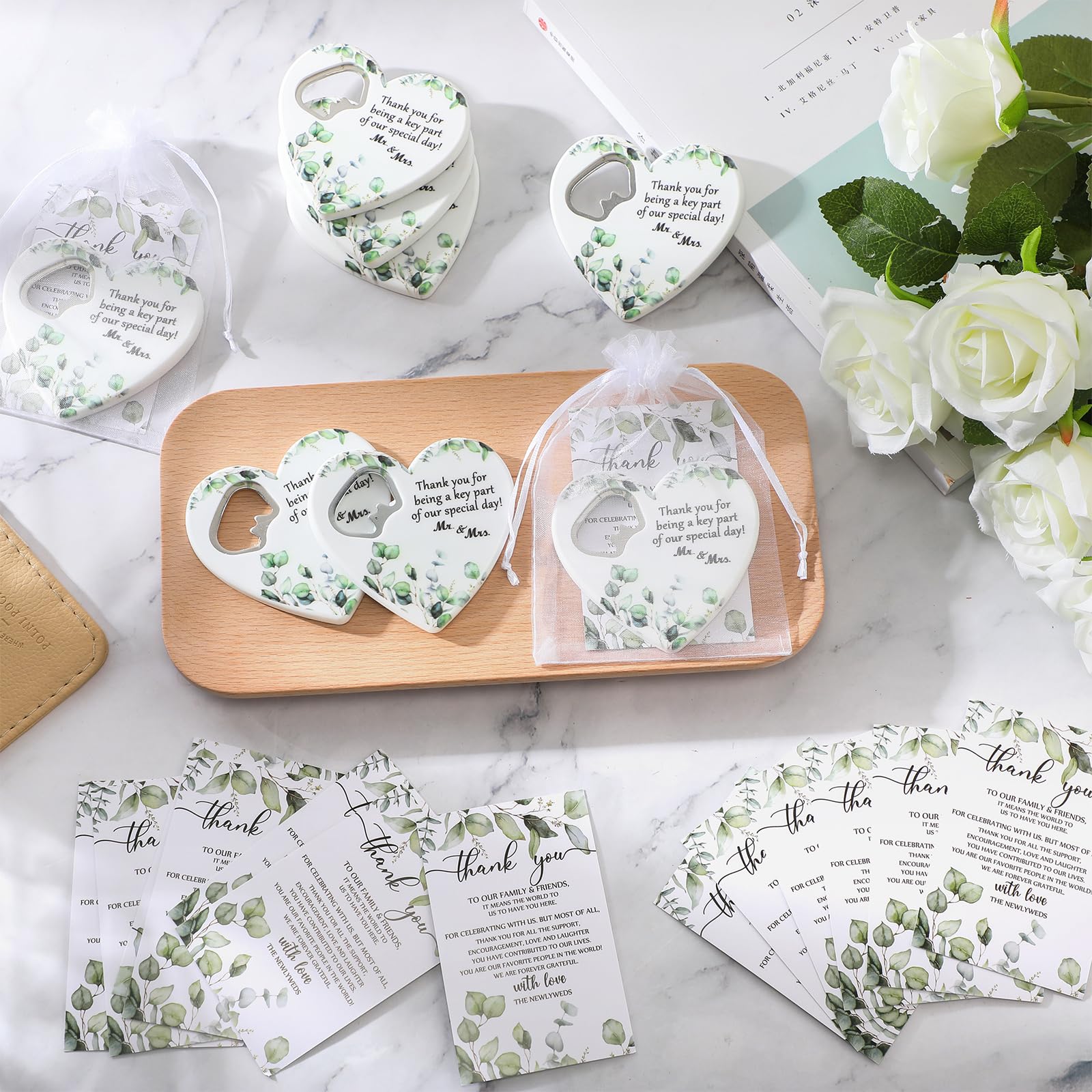 Uiifan 25 Sets Wedding Thank You Gifts Heart Shaped Bottle Opener Wedding Fridge Magnet Thank You Blessing Tag Card And Organza