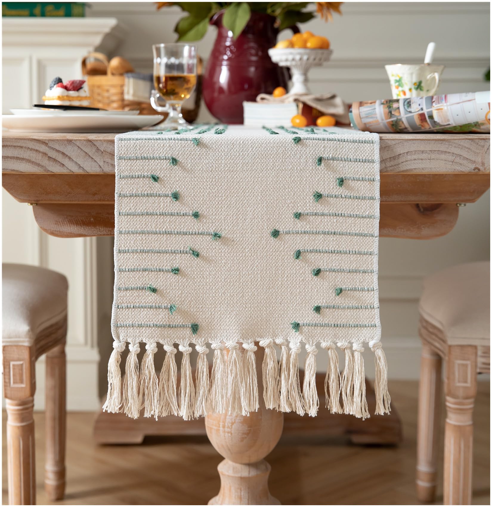 Boho Table Runner 13 x 108 Inch Long Natural Cotton Woven Runner with Tassels for Home Dining Table d  cor, for Modern Farmhouse