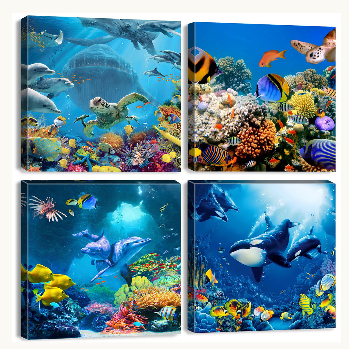 Blue Underwater World Wall Art Ocean Sea Turtle Dolphin Whale Fish Wall Decor For Living Room Coastal Seascape Photo Canvas Prin
