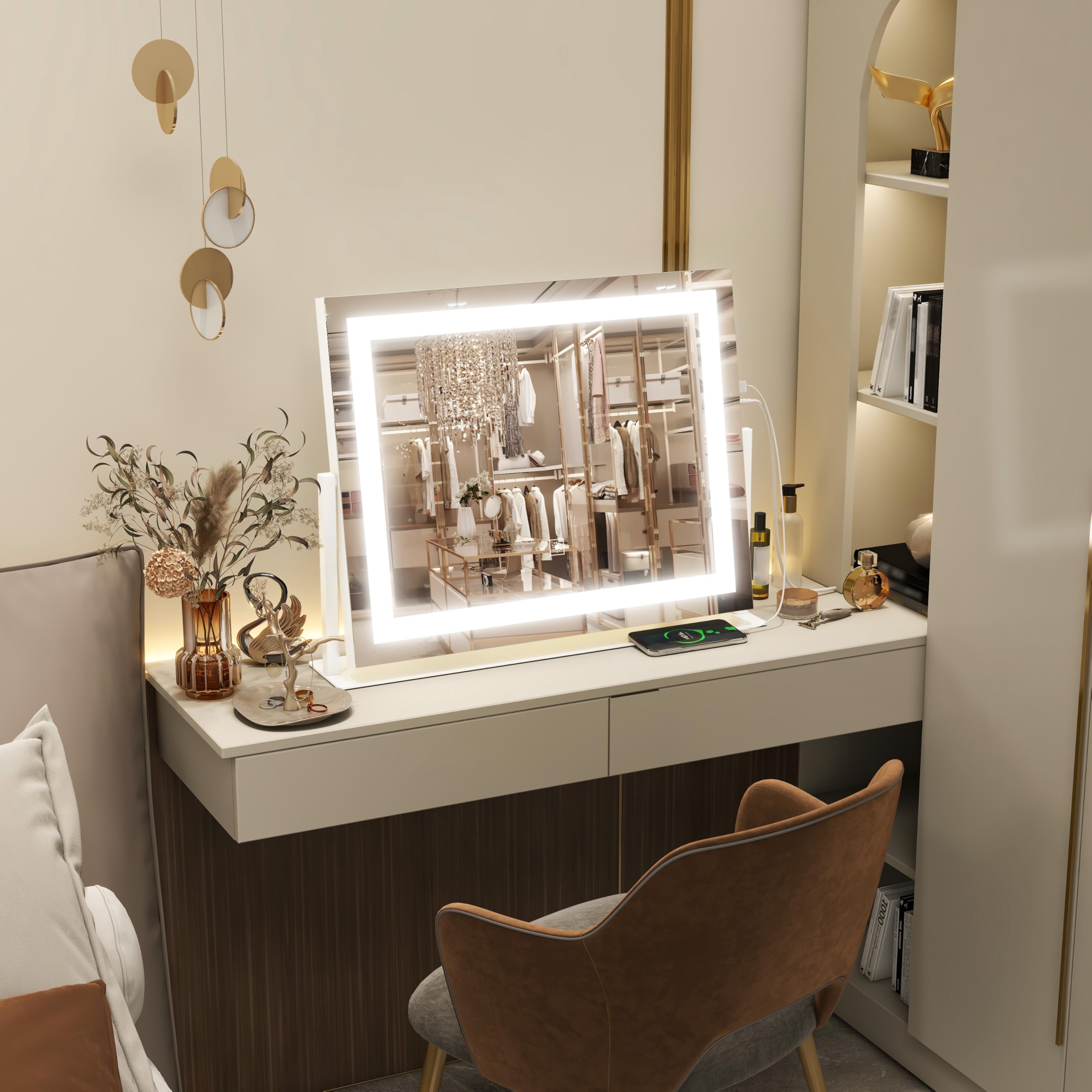 Fennio Vanity Mirror With Lights 22''X18'' Makeup Mirror With Lights,Lighted Makeup Mirror With 10X Magnification And Usb,Smart
