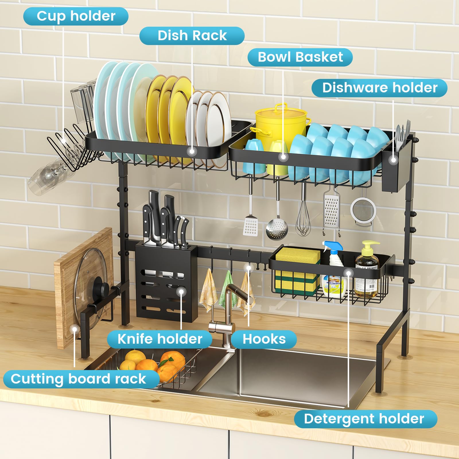 MERRYBOX Over The Sink Dish Drying Rack Adjustable Length (25-33in)  2 Tier Dish Rack Over Sink with Multiple Baskets Utensil Holder Cup Holder  Full Set Large Dish Rack for Kitchen Sink Organizer