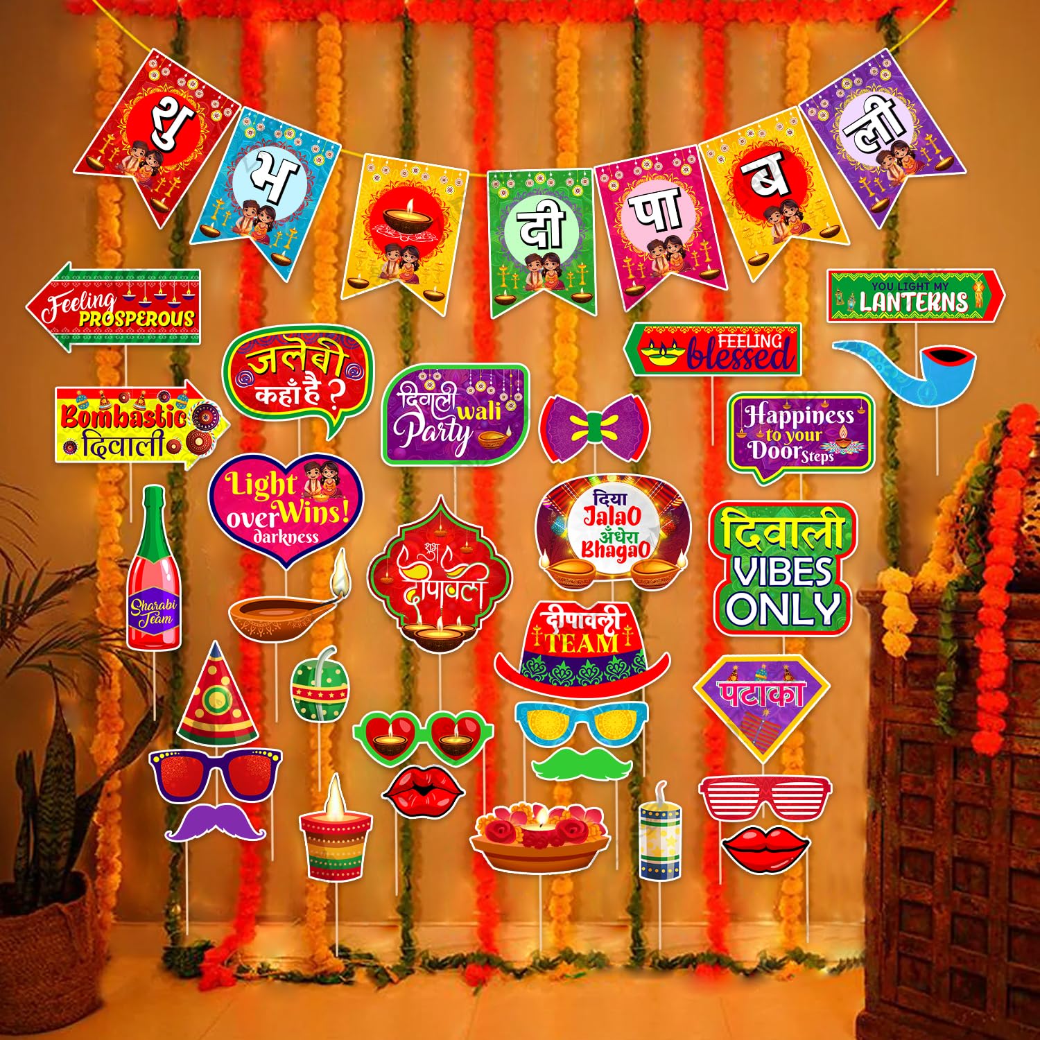 Zyozique  MultiColor Happy Diwali Decorations Set, Diwali Festival Of Ligt  Shubh Deepavali Paper Banner With Photo Booth Props