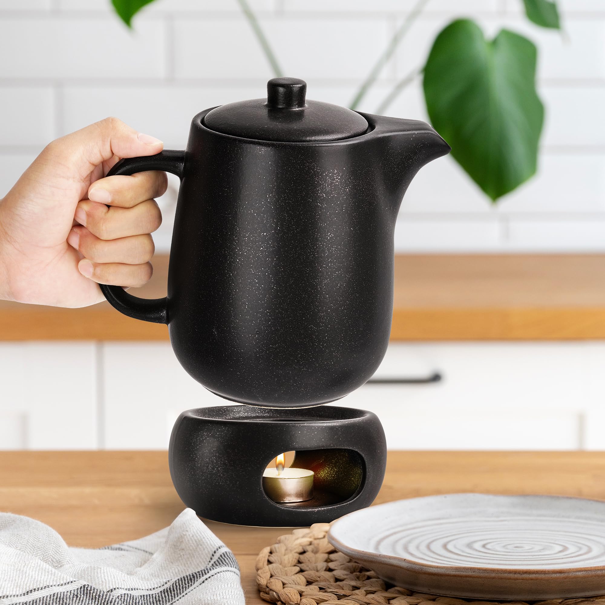 Happy Lemuro Tea Pot With Warmer Set - 40 Oz - Ceramic Teapot With Strainer - Large Tea Pot With Infuser For Loose Tea - Clay Te