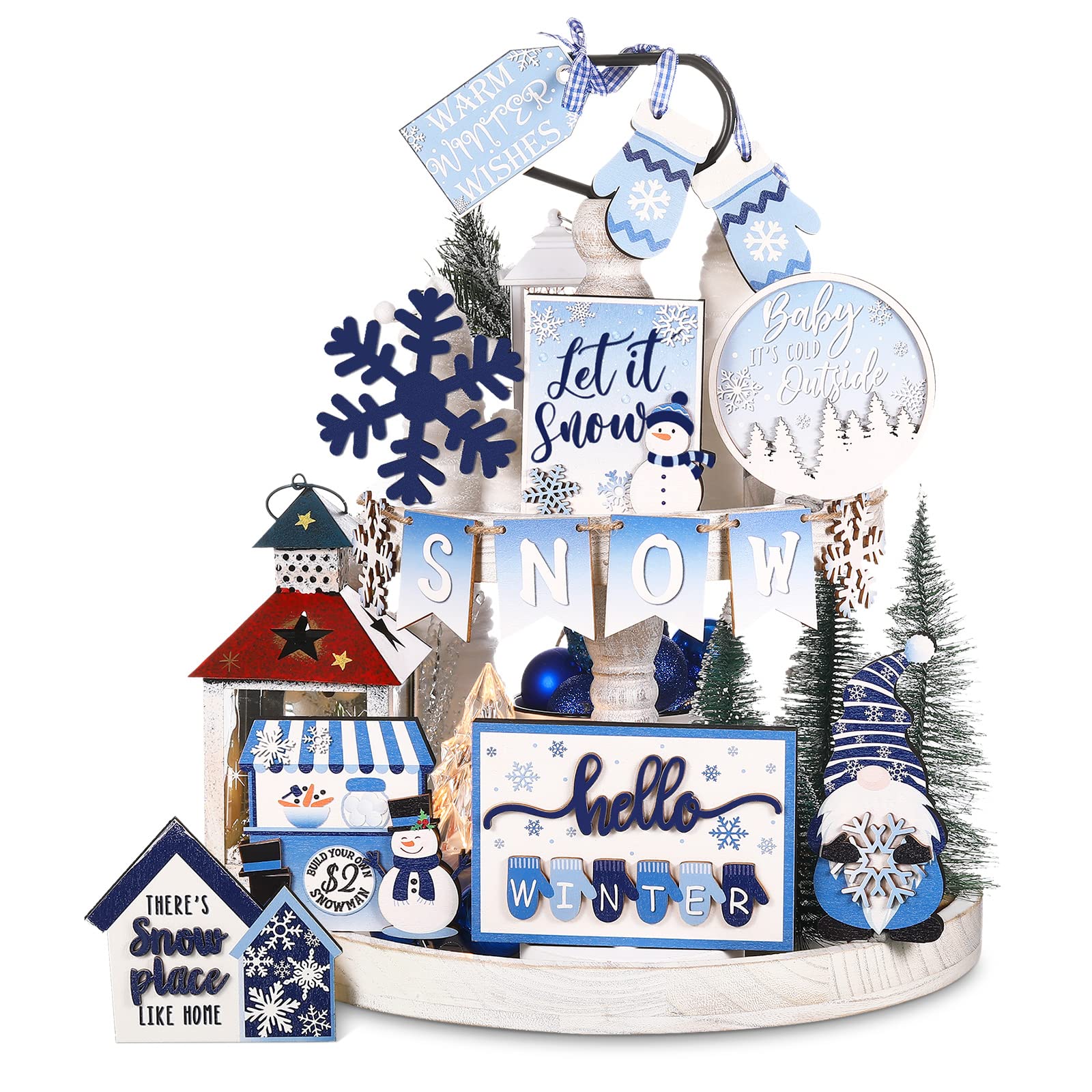 Kajaia 15 Pcs Winter Tiered Tray Decor Set Snow Snowman Table Wooden Signs Warm Winter Tabletop Wooden Block Sign Holiday Table 
