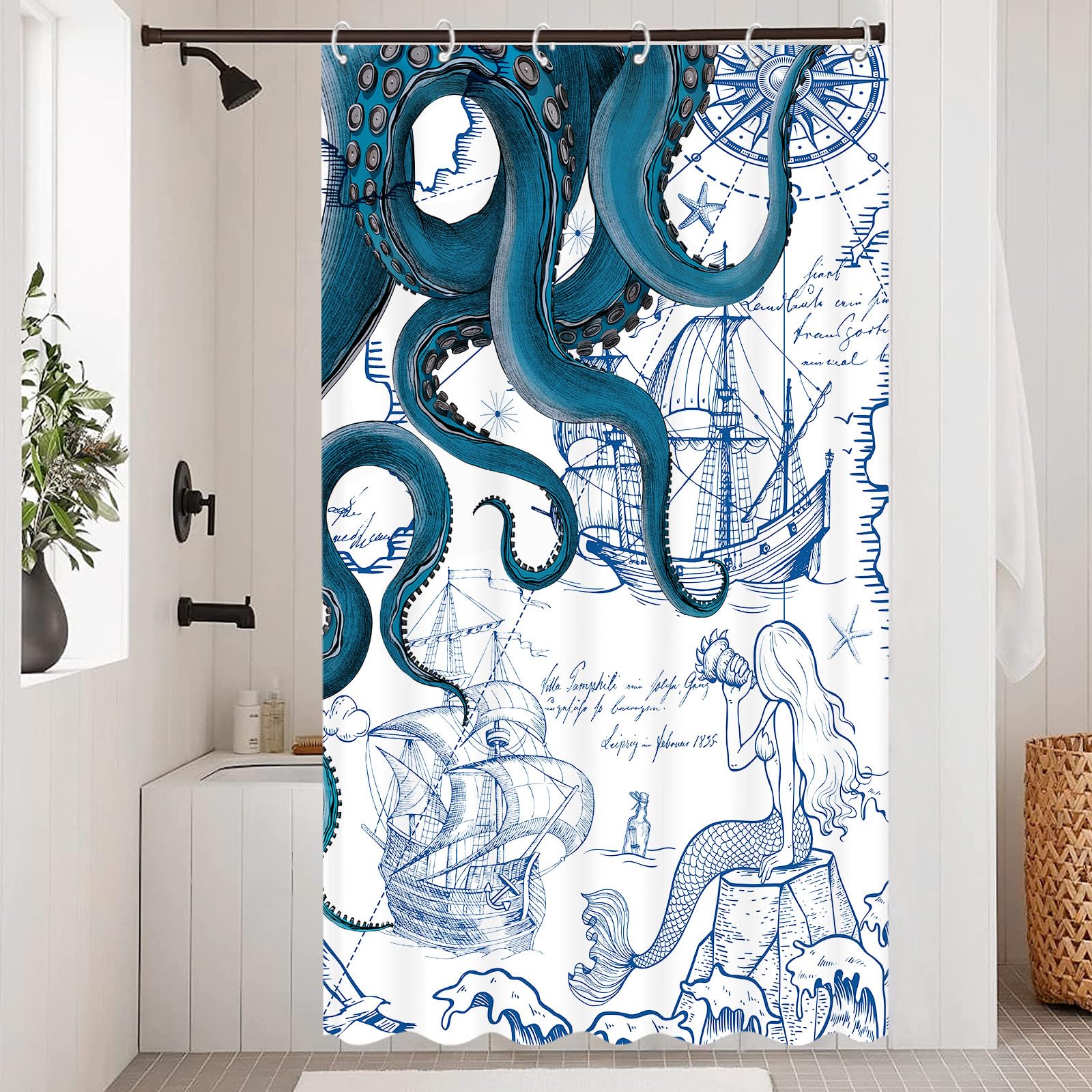 Fungarth Stall Blue Nautical Octopus Shower Curtain Navy Mermaid Funny Ocean Kraken Shower Curtains For Bathroom Cool Anchor Coa