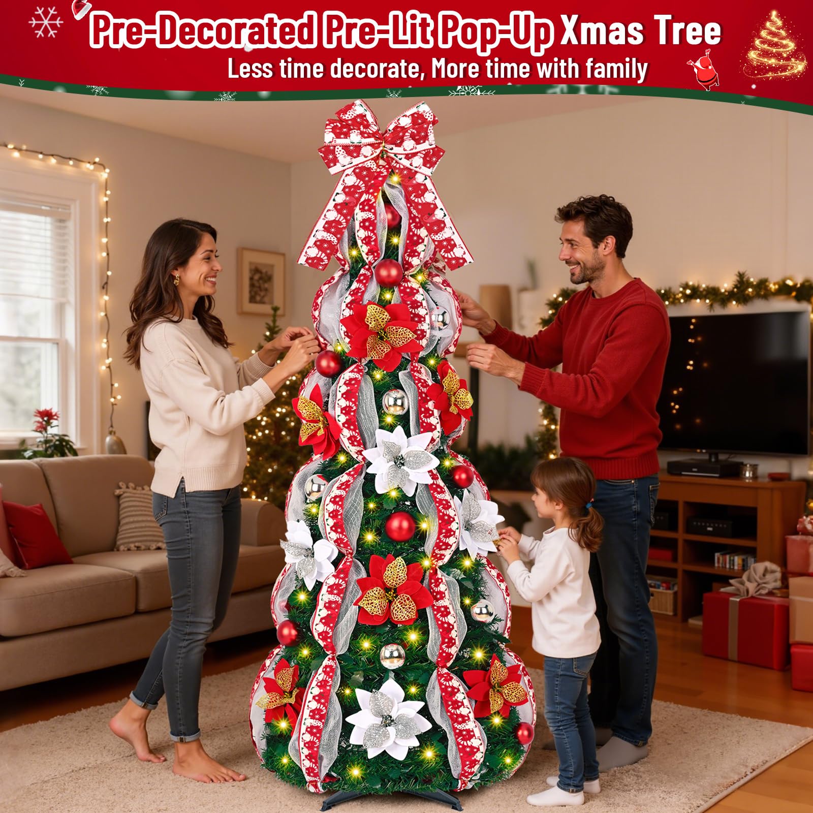 MARTINE MALL 6FT Pre-Lit Pre-Decorated Pop Up Christmas Tree with 200 Lights & Remote, Artificial Collapsible Foldable Christmas