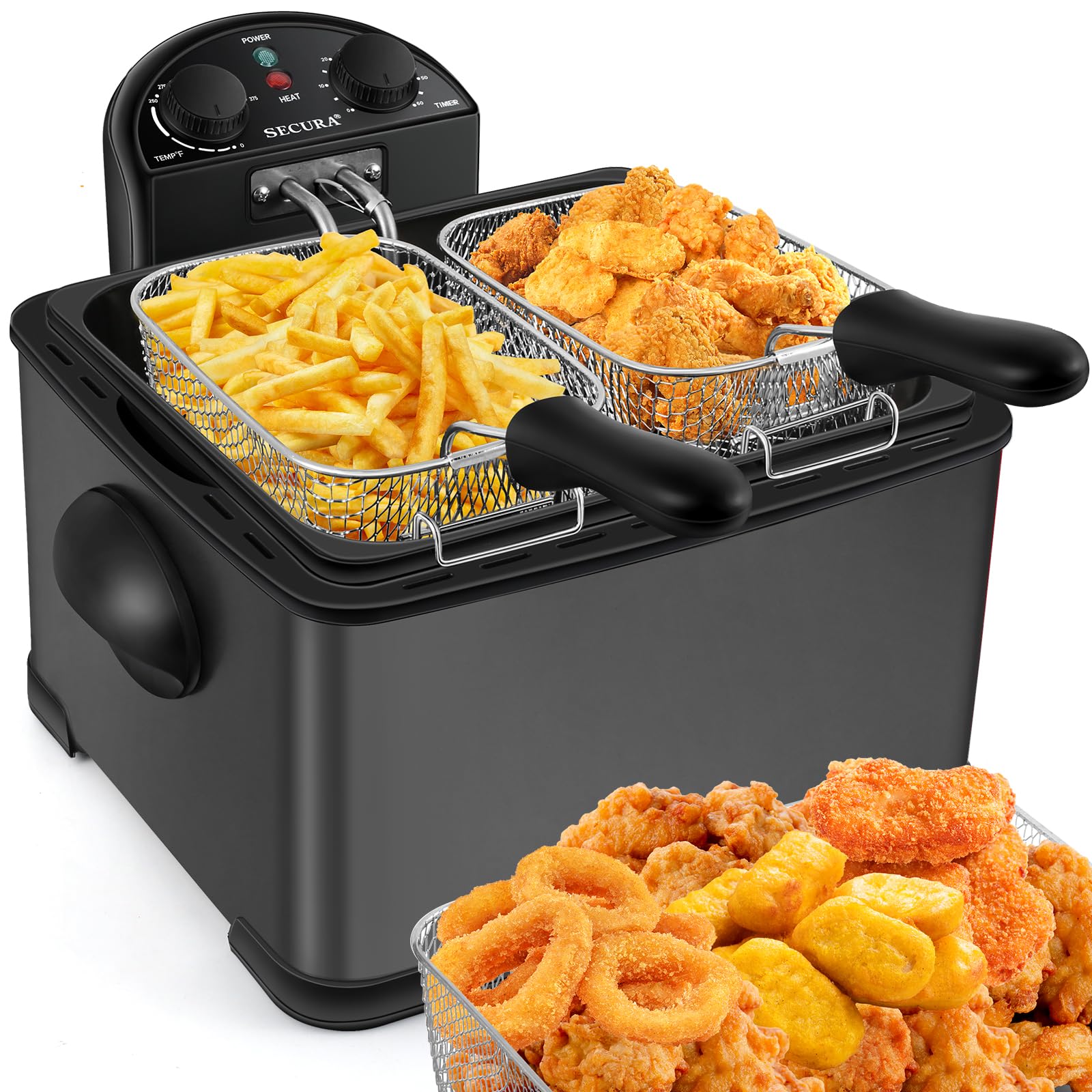 Secura 4 Liters / 17-Cup Stainless-Steel 1700-Watt Electric Deep Fryer with Timer Free Extra Odor Filter, Triple Basket, 4.5 Qua