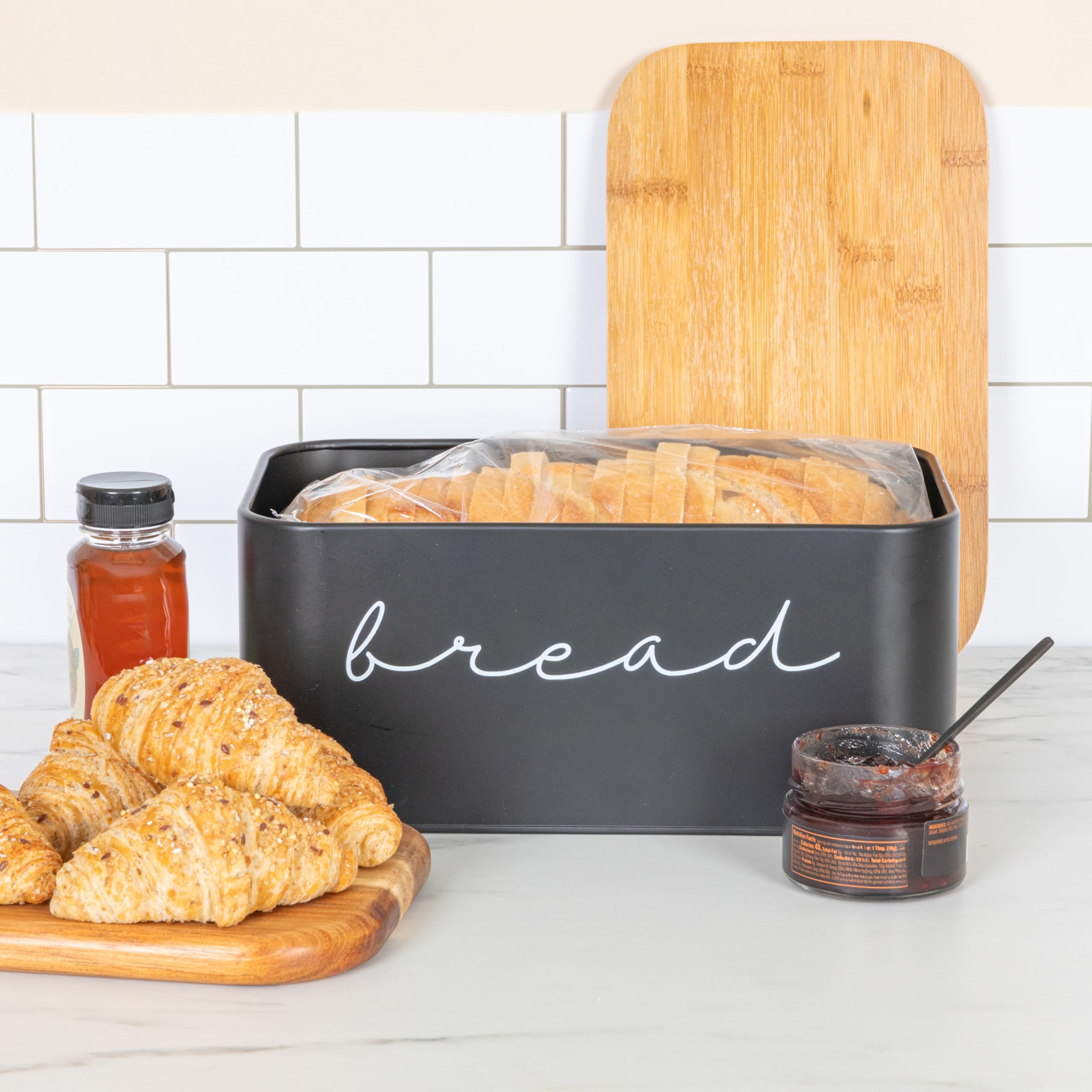 Bloomingville Metal Bin With Bamboo Lid, Black Bread Box, 11.75'' L X 5.25'' W X 7'' H