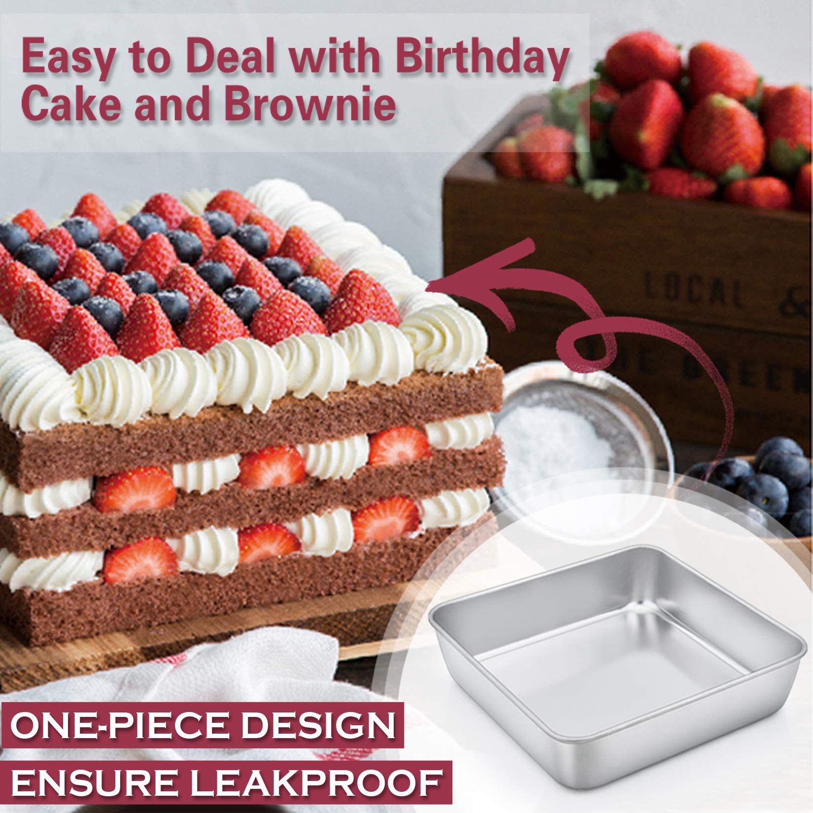 P&P Chef 8 Inch Square Baking Pan Set Of 4, Square Cake Pans, Stainless Steel Deep Bakeware For Lasagna Bread Brownie, 8     8