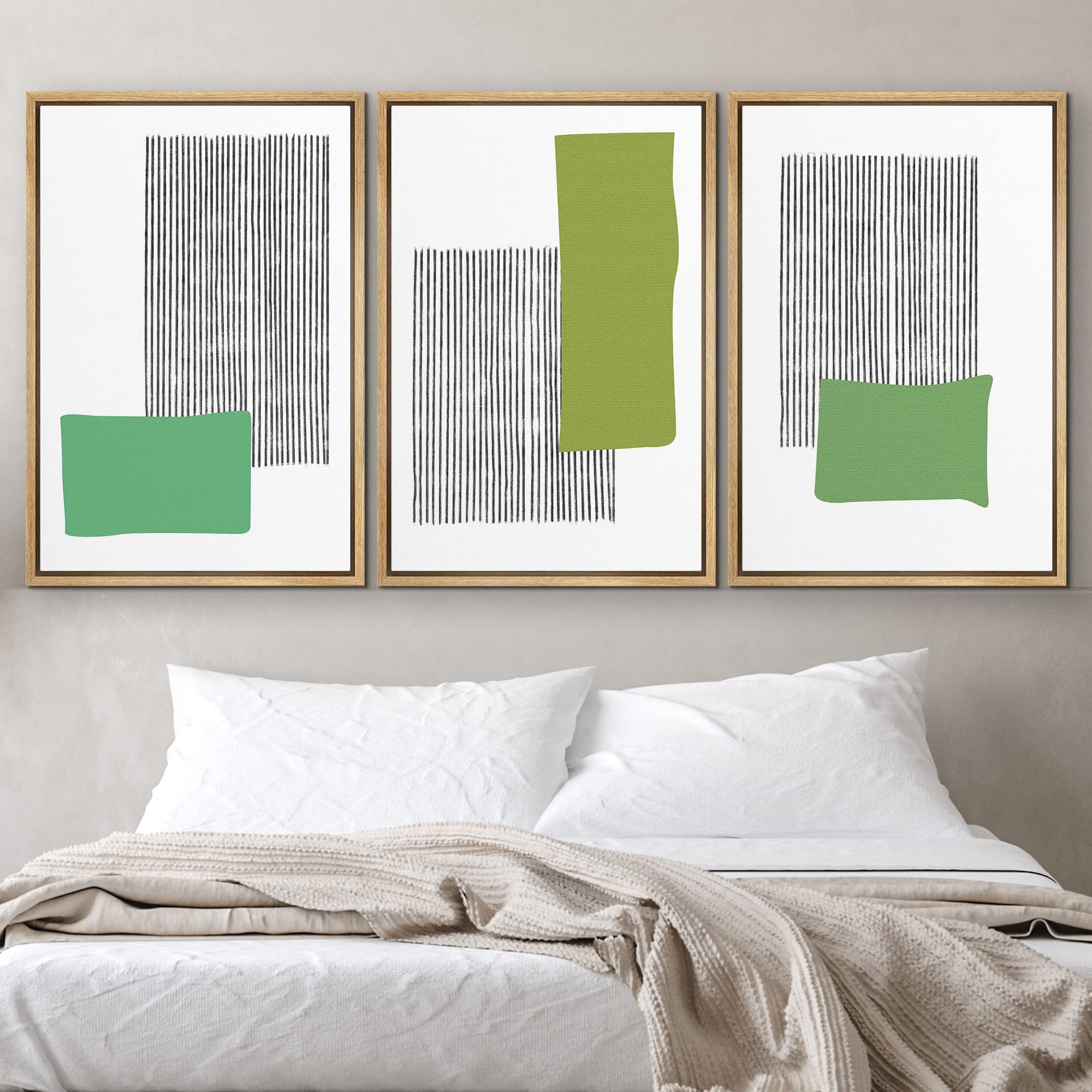 Idea4Wall Framed Wall Art Print Set Green Color Blocks With Black Lines Geometric Shapes Illustrations Modern Art Minimalist Sce