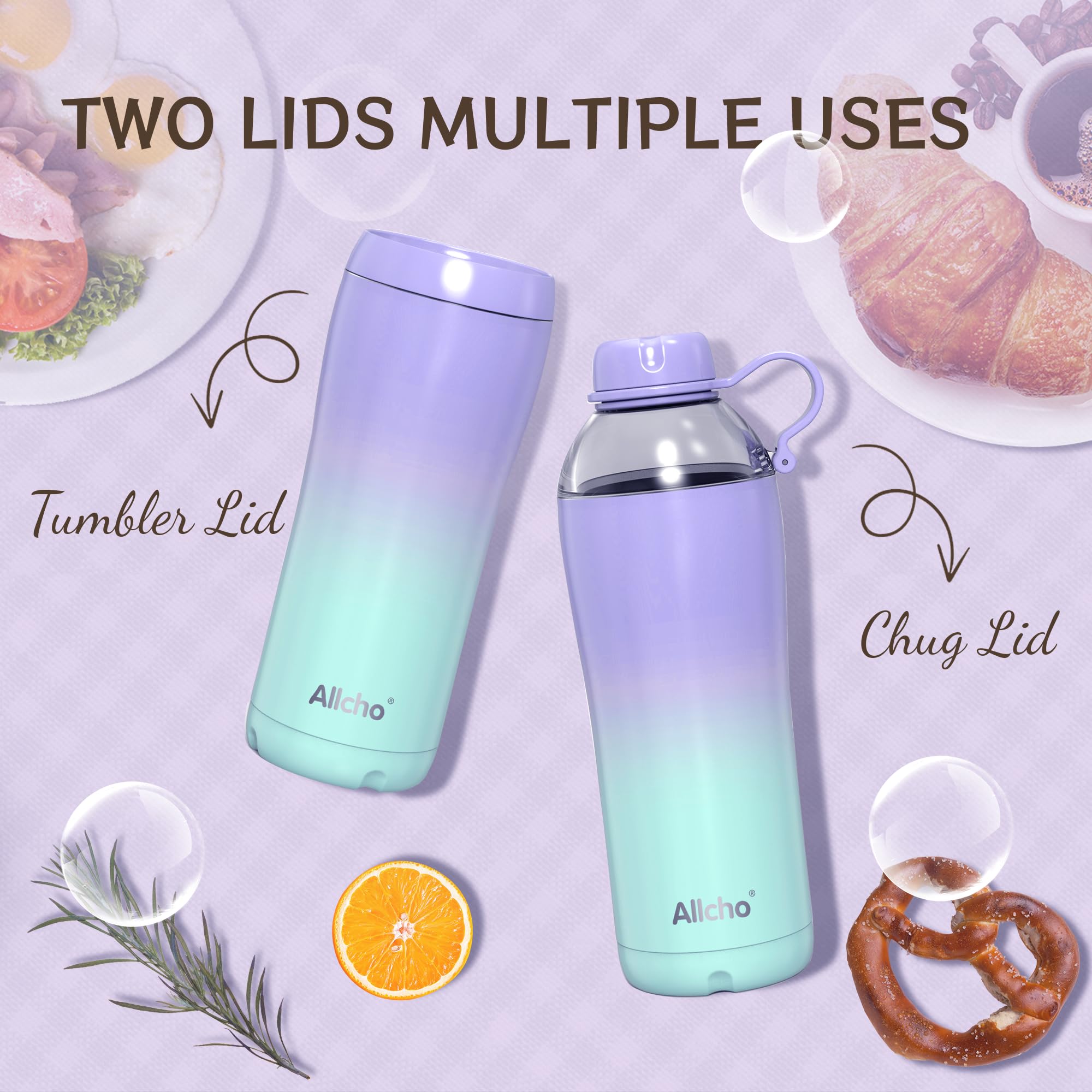 Allcho Insulated Water Bottle Christmas Gifts for Women, 18 oz Stainless Steel Water Bottles, Double Walled, 2 Lids (Chug & Tumb