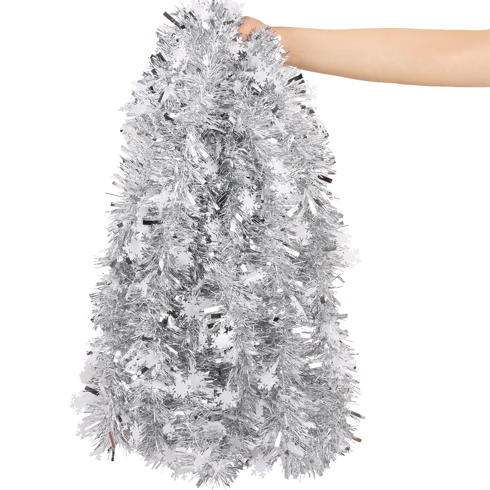 FOIMAS 33 Feet Christmas Tinsel Garland, Metallic Silver Christmas Snowflake Hanging Garland for Xmas Tree Fireplace Home Decora