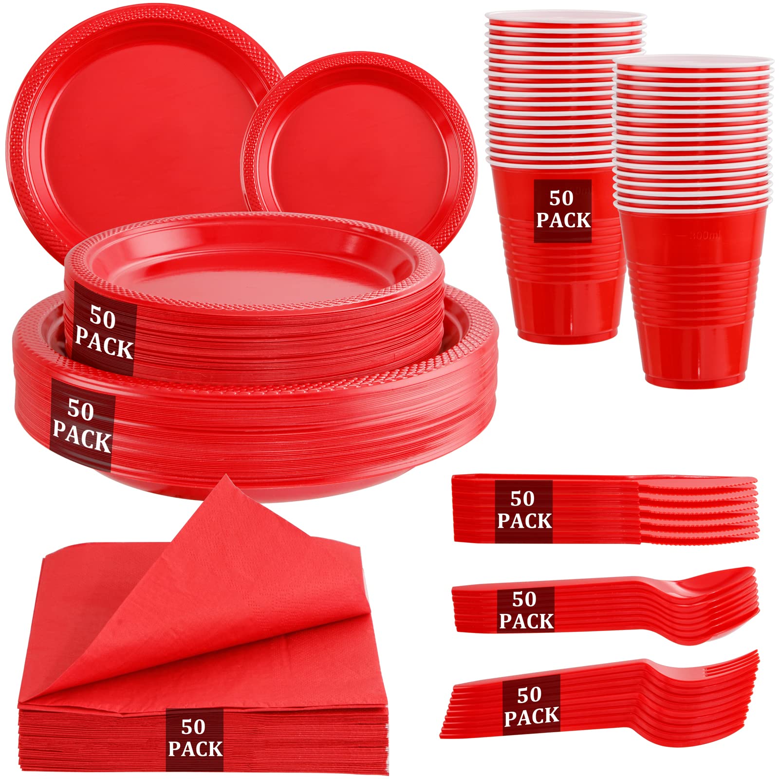 Mirthmood 350Pcs Red Disposable Plastic Plates,Valentines Day Plates Includes 50 Dinner Plates, 50 Salad Plates, 50 Sets Of Red