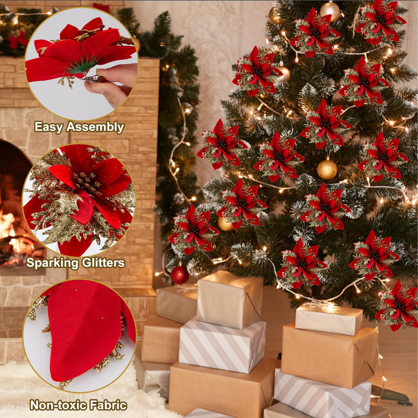Cliselda 30Pcs Red&Gold Poinsettias Artificial Christmas Flowers with Clips, 5.5 Glitter Artificial Flower Poinsettia Decoration