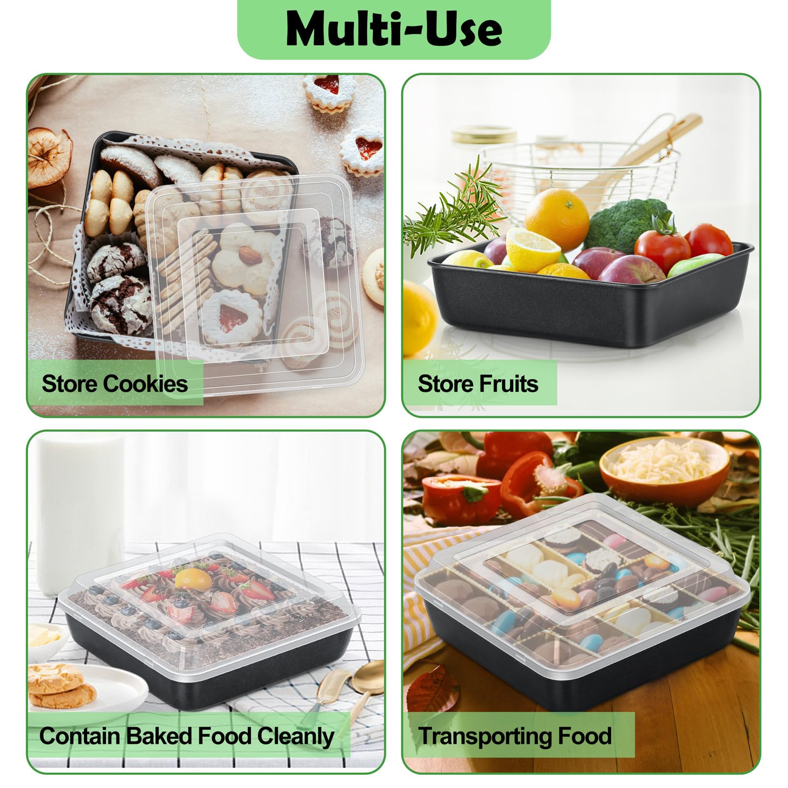 Teamfar 9 Inch Square Cake Pan With Lid, Non-Stick Square Baking Roasting Pan, With Stainless Steel Core For Cooking Cake Browni