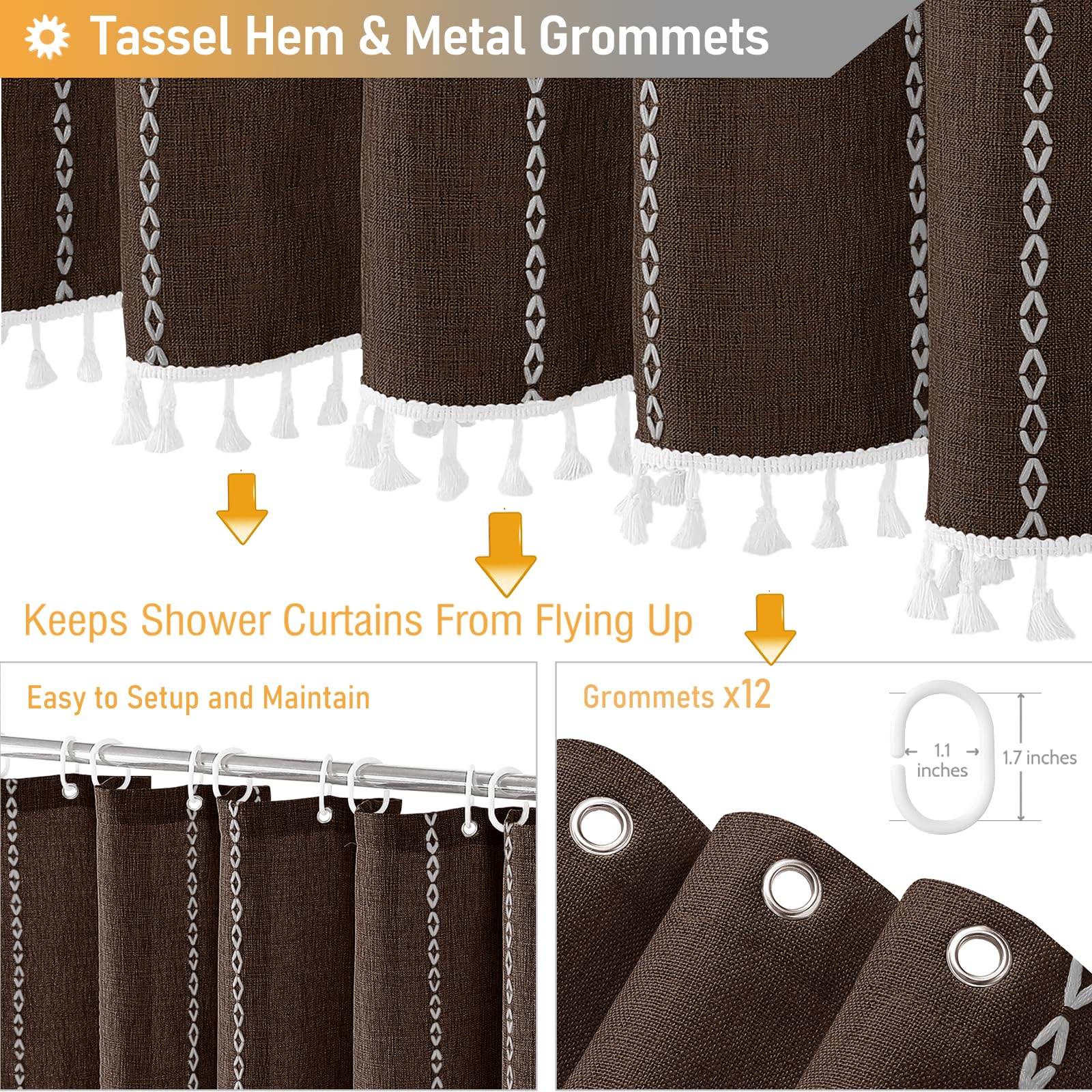 Bttn Extra Long Shower Curtain - 72X84 Long Boho Rustic Chic Striped Tassel Linen Fabric Shower Curtain Set With Hooks, Tall Mod