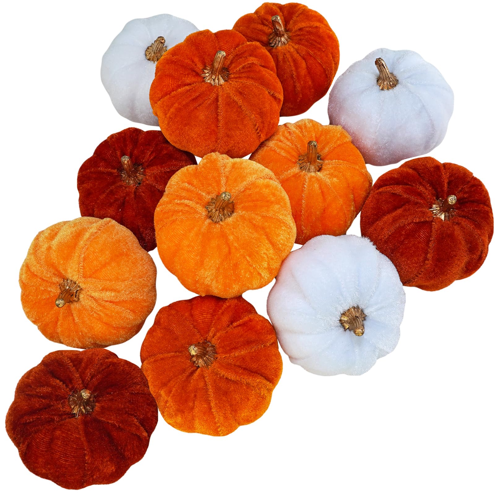 Winlyn 12 Pcs Assorted Small Harvest Faux Velvet Pumpkins Decorative Fabric Pumpkins Foam Pumpkins in Rust Orange White for Fall
