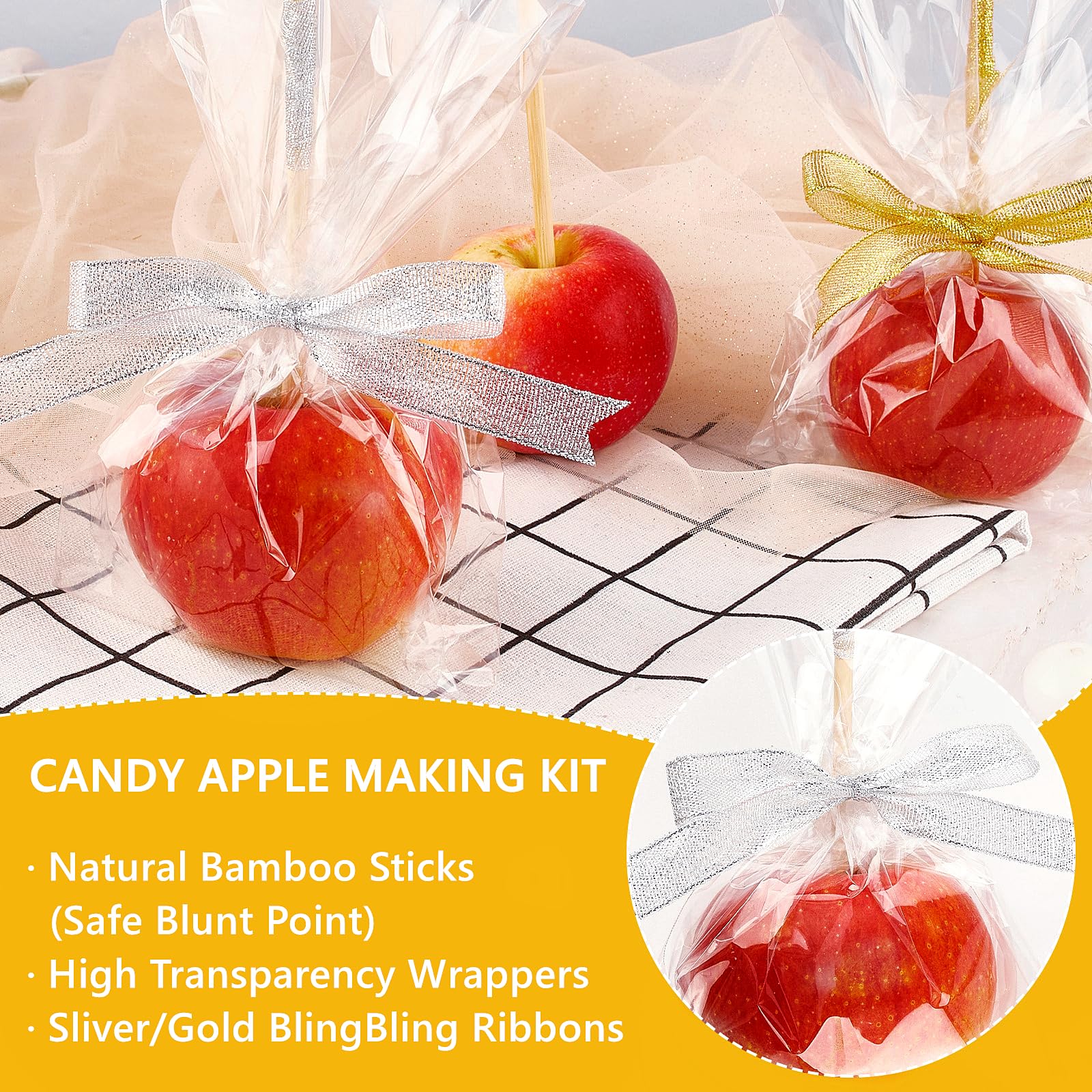 Ocmoiy Diy Candy Apple Kits - 100 Pcs Candy Apple Sticks And Bags With 50 Yard Gold And Silver Glitter Ribbons For Large Caramel