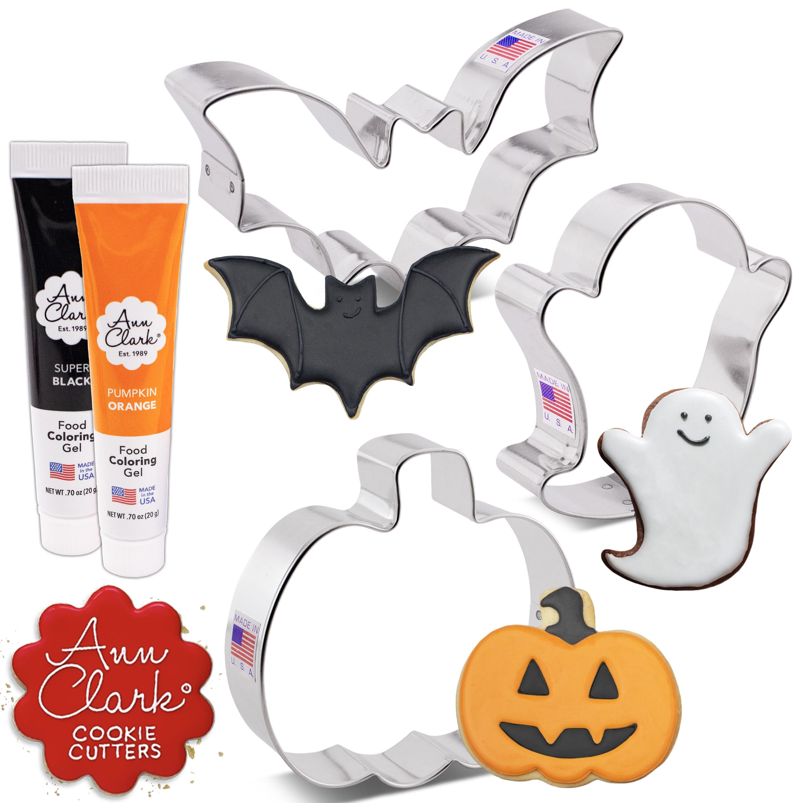 Halloween Cookie Cutters and Decorating 5-Pc. Set Made in USA by Ann Clark, Pumpkin, Ghost, Bat, Orange & Super Black Food Color