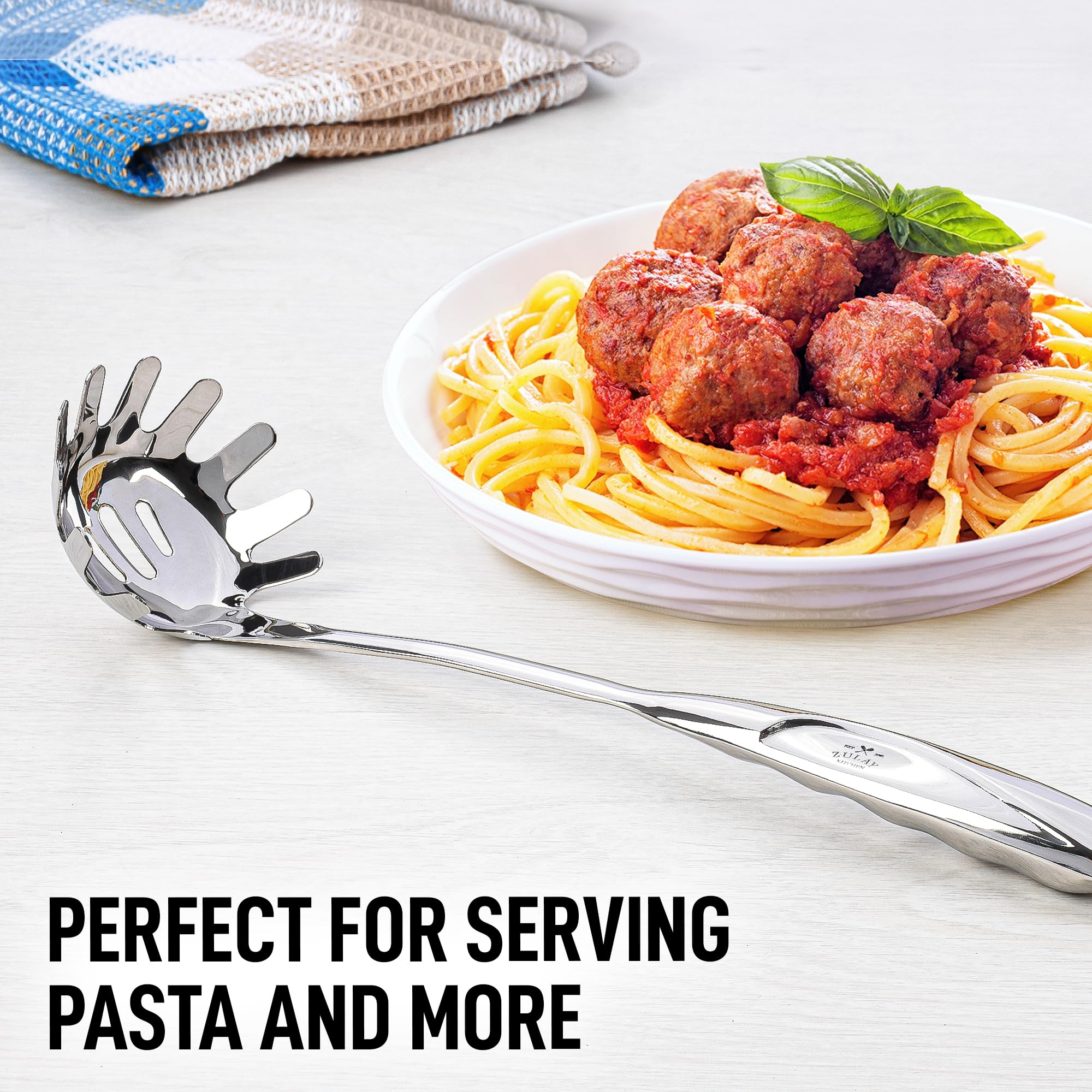 Zulay Kitchen Premium Stainless Steel Spaghetti Spoon - Pasta Spoon With Teeth - Metal Pasta Spoon - Pasta Fork Noodle Spoon - E