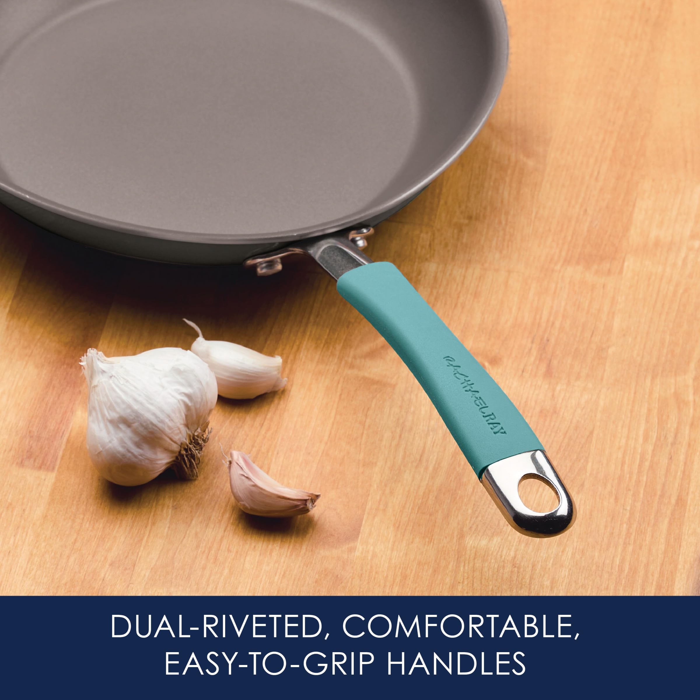Rachael Ray Cucina Hard Anodized Nonstick Cookware Pots and Pans Set, 12 Piece, Gray with Blue Handles