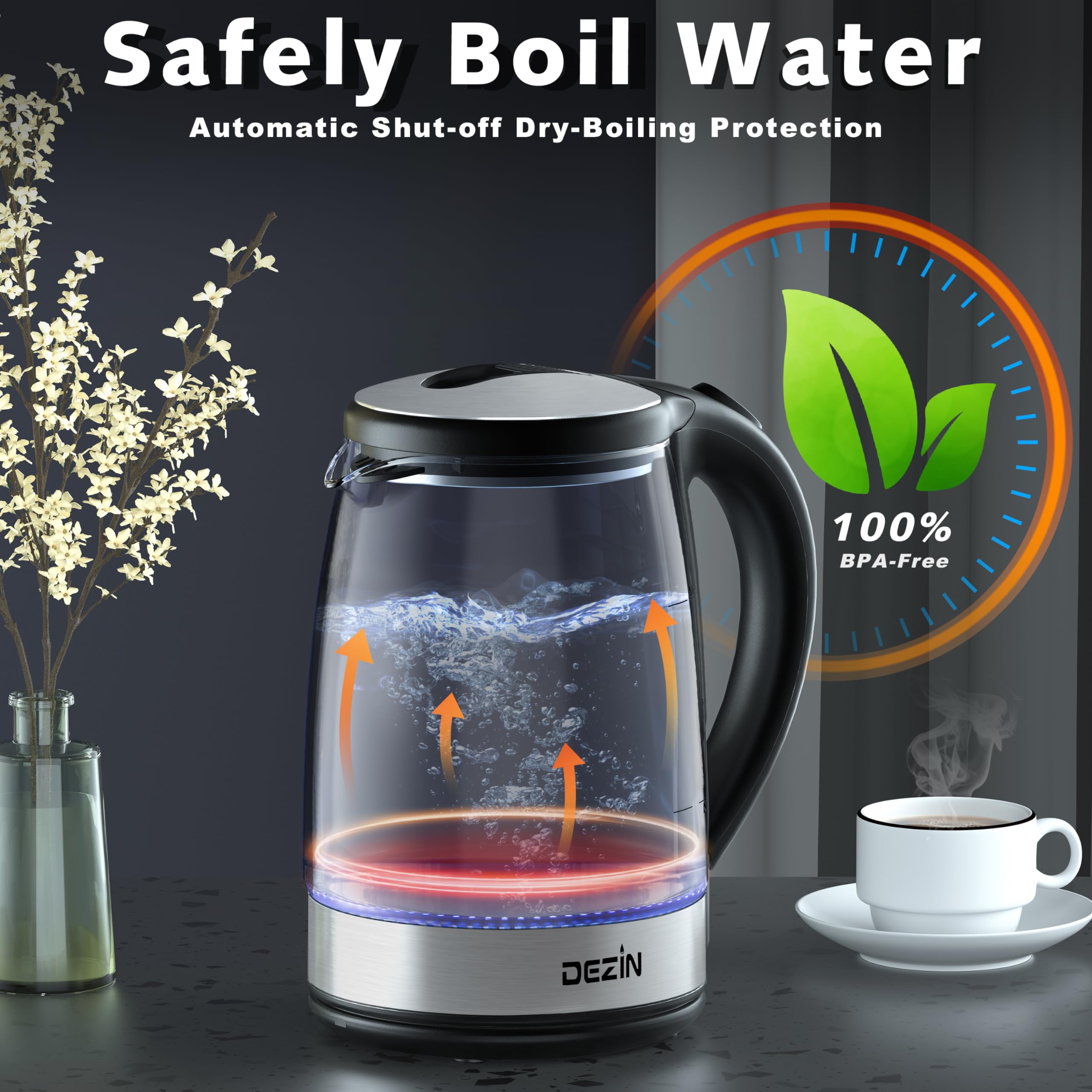 Dezin Electric Kettle, Bpa-Free 2L Electric Water Heater, Glass Electric Tea Kettle, 304 Stainless Steel Hot Water Kettle Warmer