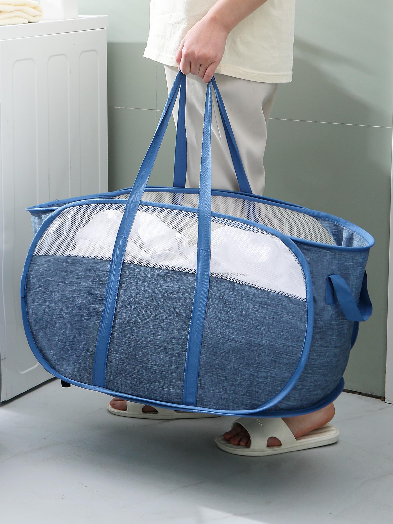 Pop-Up Laundry Basket,With Durable Handles Collapsible Mesh Laundry Hamper,Easy To Open And Fold,Premium Cationic Fabric (Cation