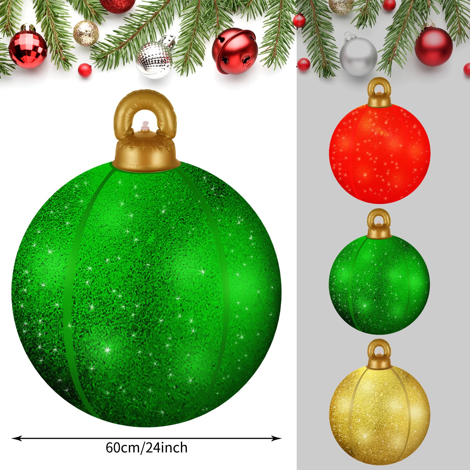 24 Inch Inflatable Christmas Ornament Balls, 3 Pack Large Glitter Blow Up Decorations - Sparkling Reusable Outdoor & Indoor Holi