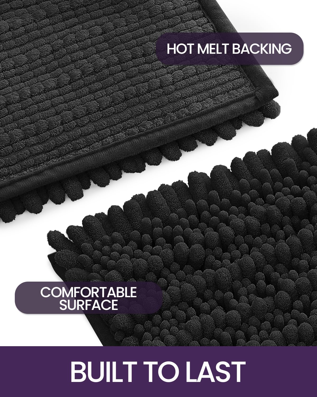 DEXI Bath Mat Bathroom Rug Non Slip Absorbent and Soft Floor Mats Washable Chenille for Bathtub Toilet Shower Room Entryway 24''x43''Black