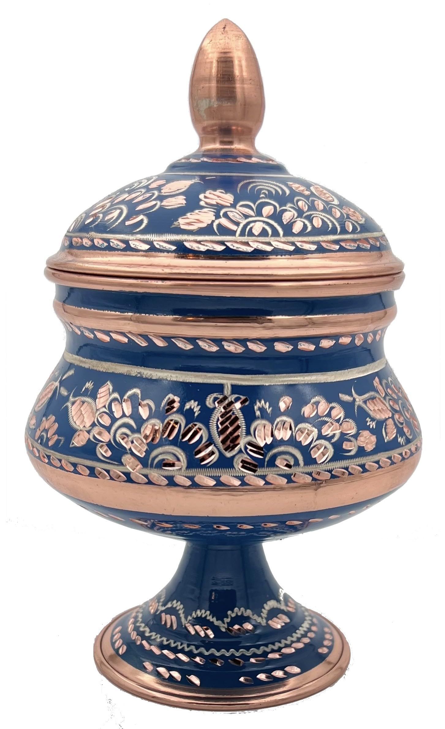 Vensila Copper Sugar Bowl With Lid || Handmade Patterned Candy Container || Housewarming Gift For Weddings And Christmas || Blue