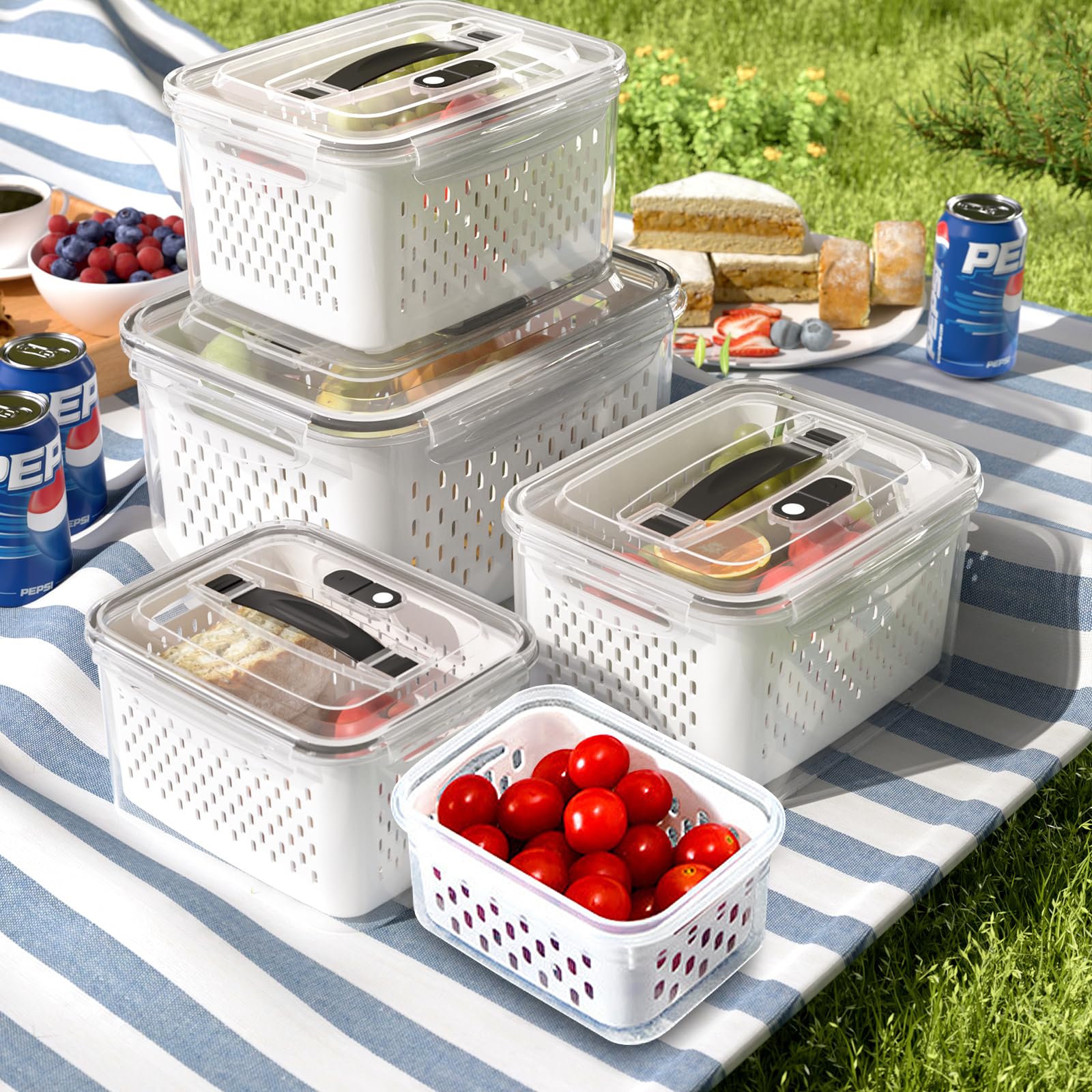 5 Pack Large Fruit Storage Containers for Fridge with vent holes and handle,Airtight Food Storage Containers Keep Fruits, Vegeta