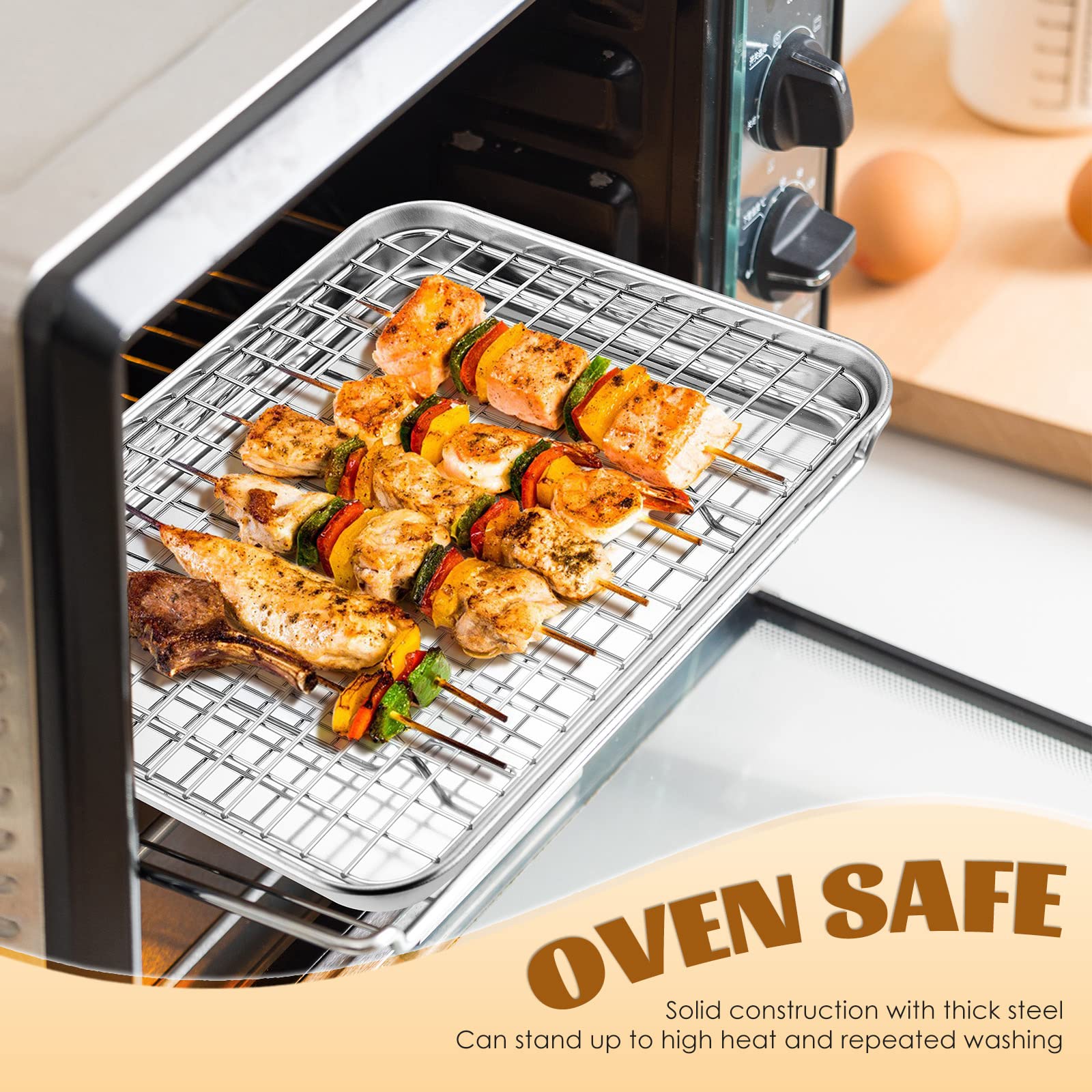 Toaster Oven Baking Sheet Set, E-Far 10.5   X8.3    Small Stainless Steel Cookie Sheet Pan With Wire Rack & Silicone Mat For Coo