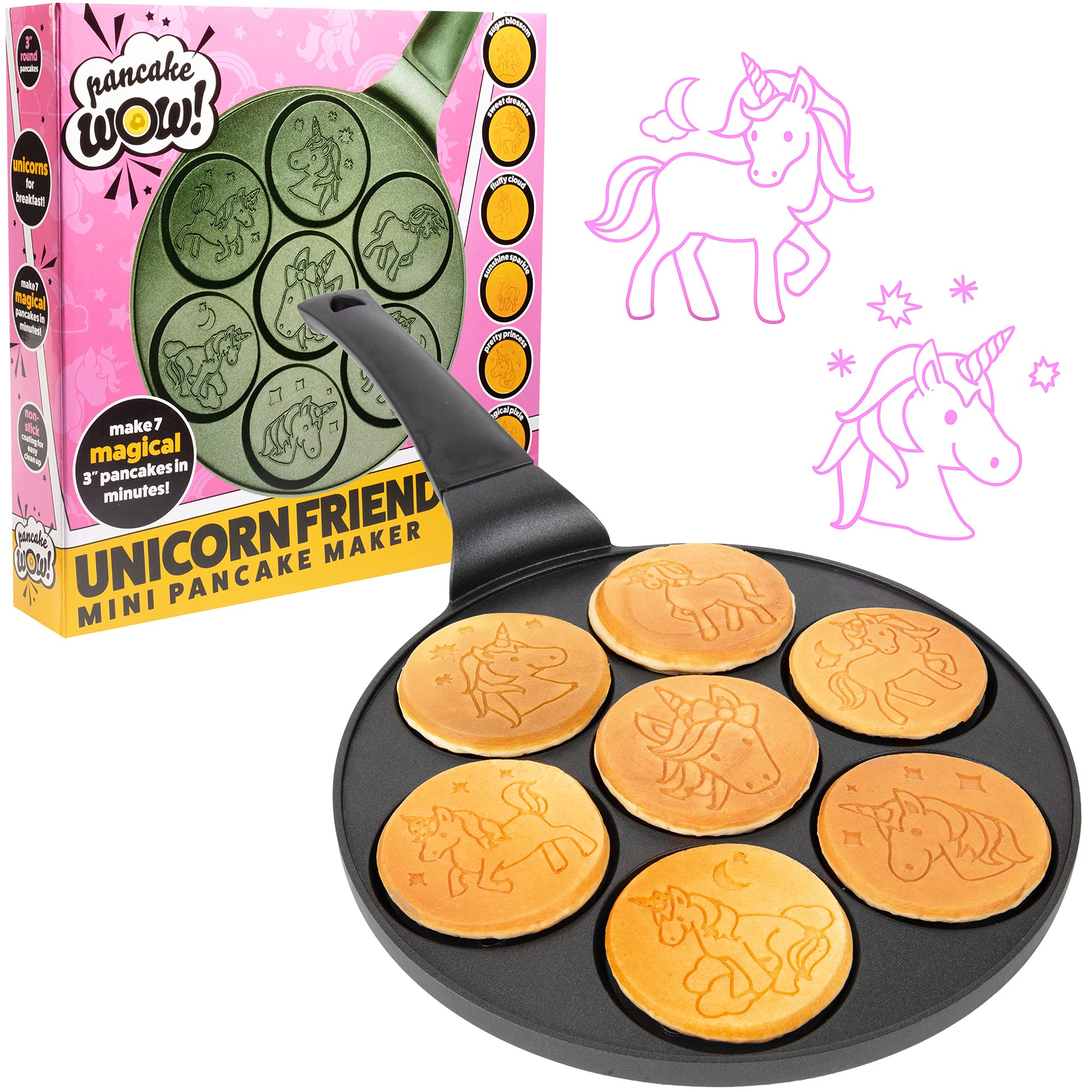 Unicorn Mini Pancake Pan - Make 7 Unique Flapjack Unicorns, Nonstick Pan Cake Maker Griddle For Breakfast Fun & Easy Cleanup, Ma