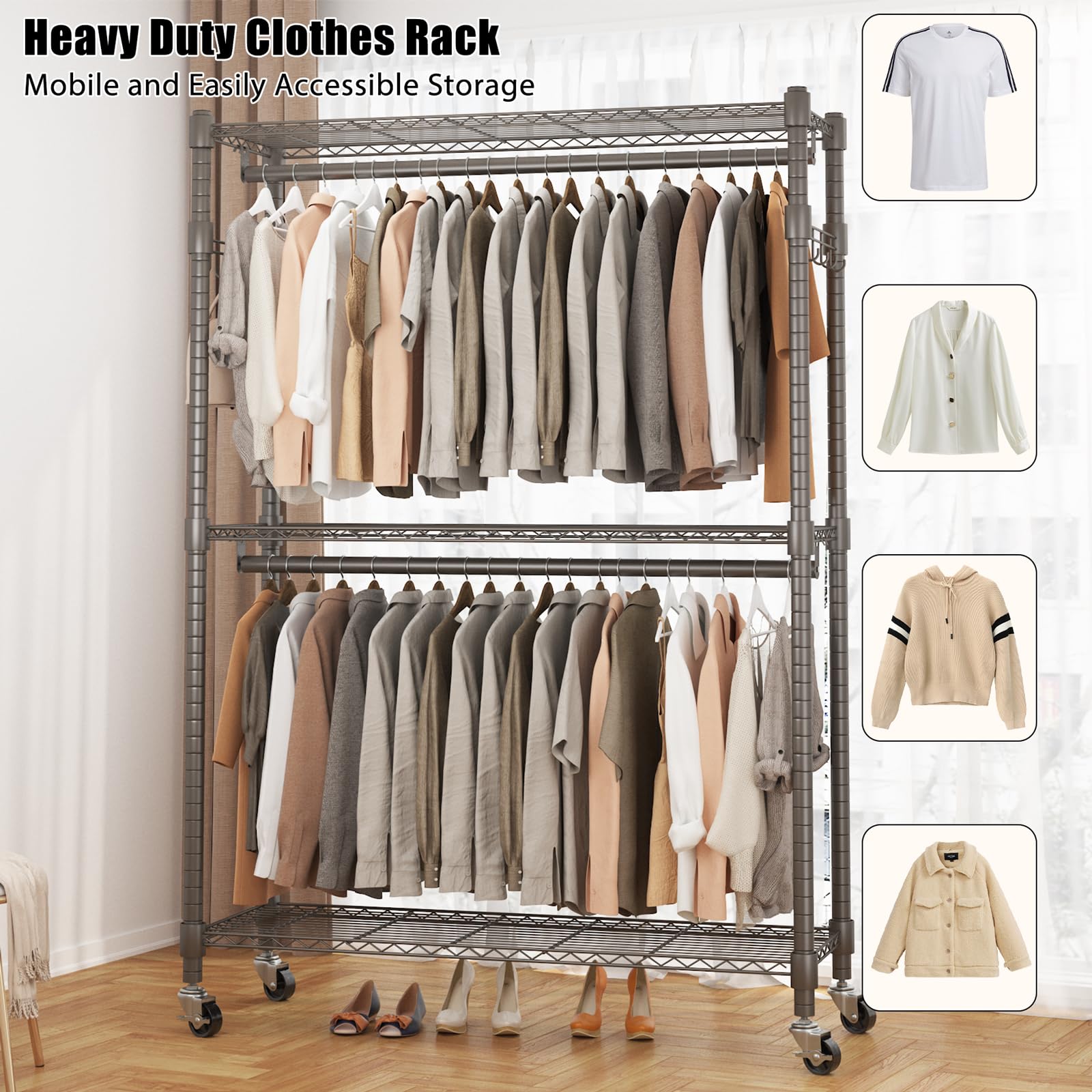 Bathwa Heavy Duty Garment Rack On Wheels, Rolling Clothes Racks For Hanging Clothes, Simple Sturdy Wardrobe Rack With Double Han